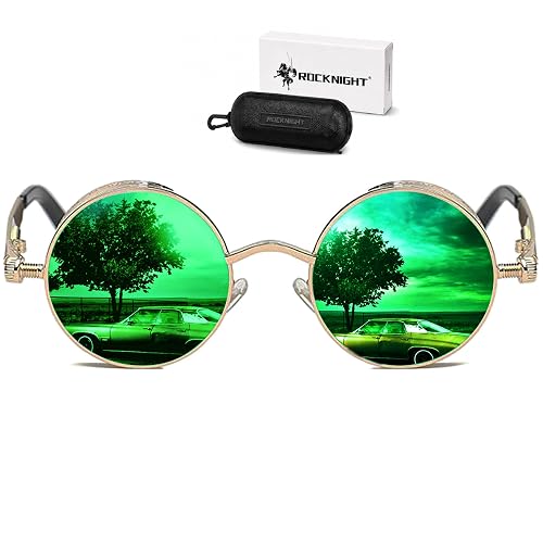 ROCKNIGHT Round Polarized Sunglasses for Men UV400 Retro Steampunk Metal Frame 48mm Circle Shades - Golden Frame/Green Lens