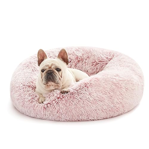 Love's cabin Calming Cat Bed for Indoor Cats,Anti-Anxiety Donut Round Dog Bed,Fluffy Faux Fur Washable Pet Bed for Small Medium Dogs and Cats,Pink,24in - 24" - Pink