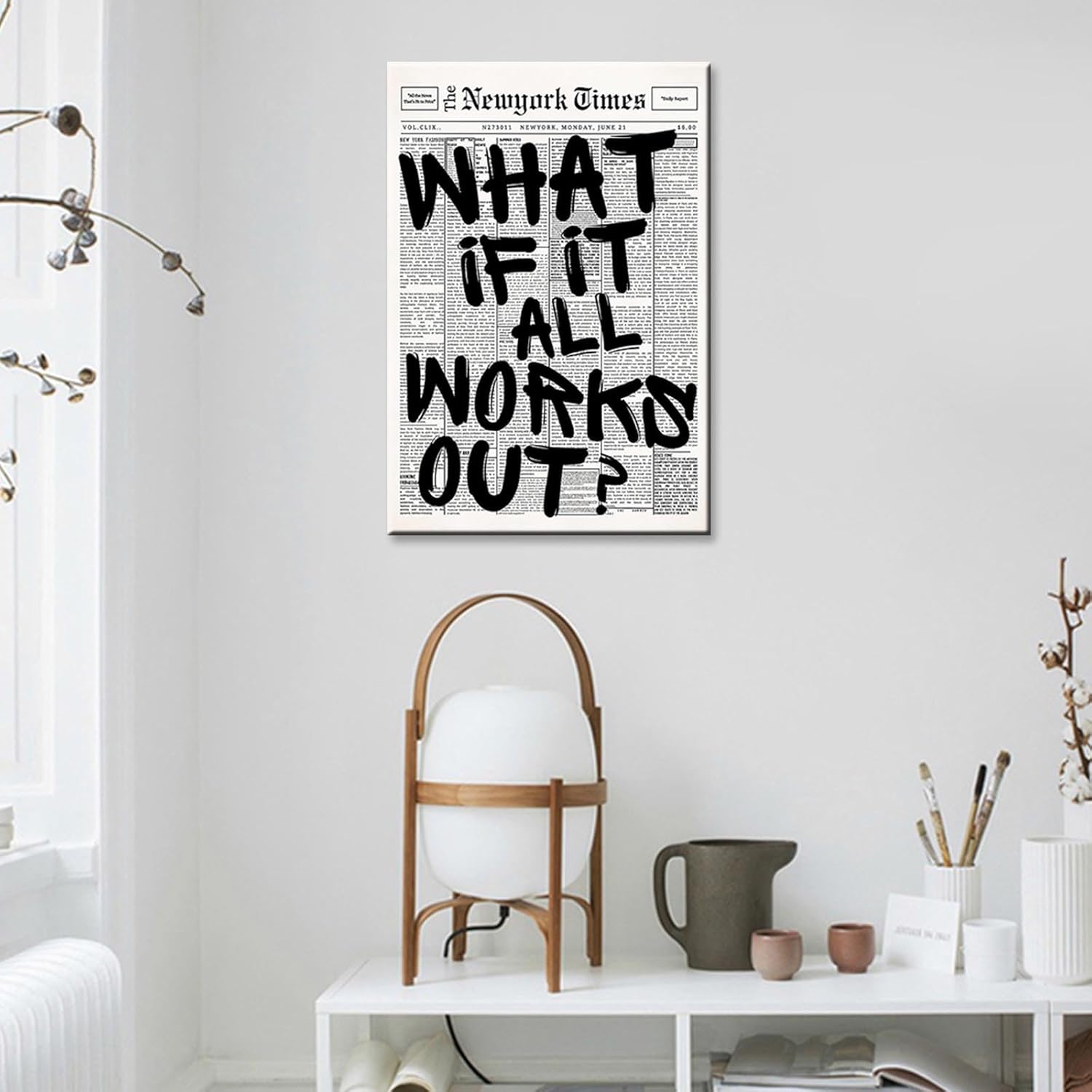 DVBOCS Retro Black And White Newspaper Poster What If It All Works Out Canvas Wall Art Positive Affirming Quote Minimalist Prints Painting For Home Bedroom Dorm Wall Decor 16x24in Framed