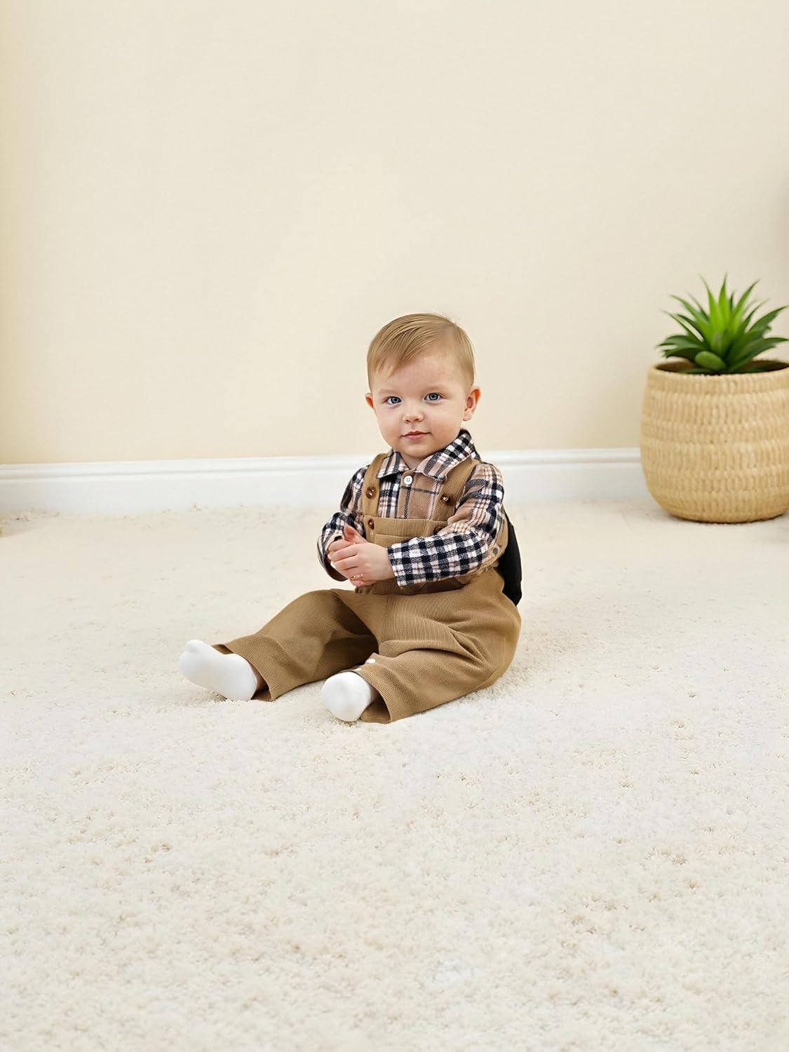 Renotemy Baby Boy Clothes Flannel Plaid Bodysuit+Corduroy Overalls+Beret Hat 3Pcs Fall Winter Outfits for 3-24 Months Boys - Image 2