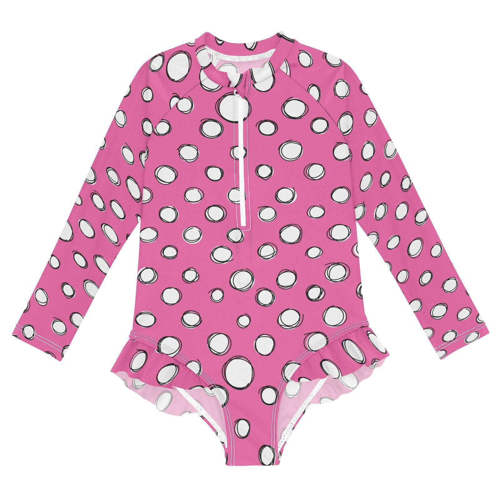 Ollabaky Baby Girls Long Sleeve Swimsuit White Pinks Polka Dot One Piece Bathing Suit Rash Guard UPF50+ Toddler Girl Swimwear, 7-8T