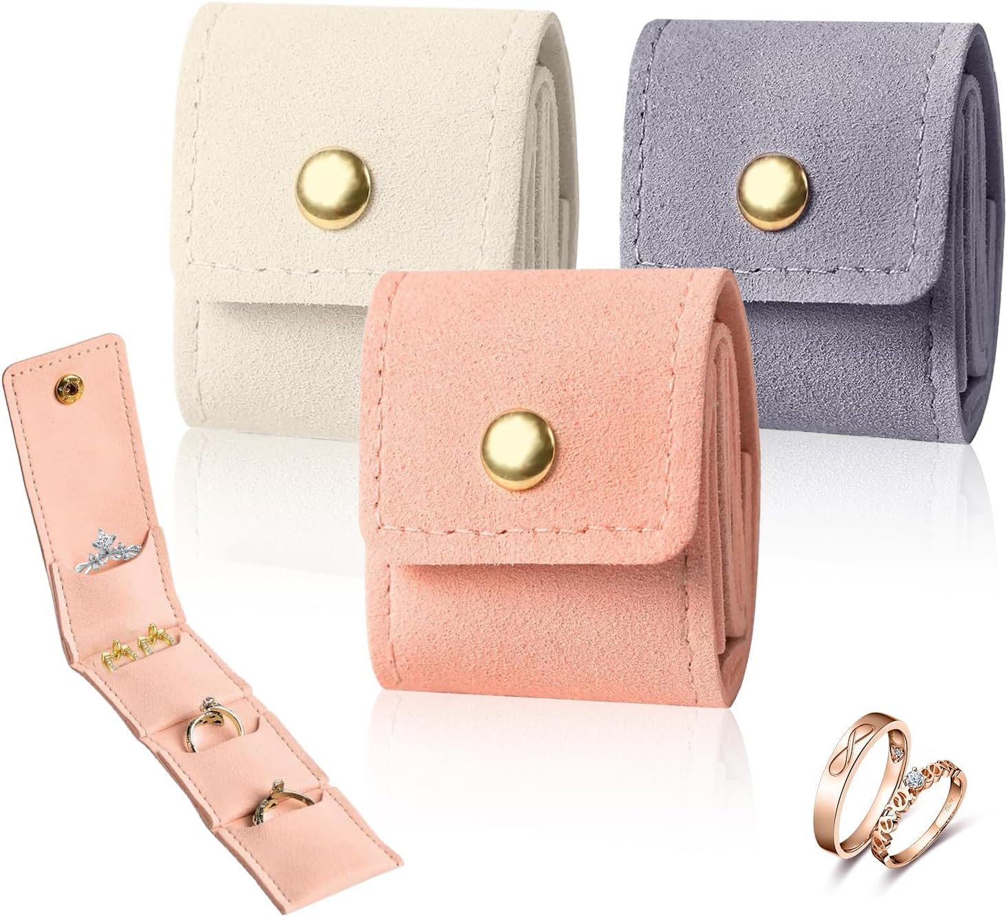 Joyzan Mini Travel Jewelry Bag, Small Jewelry Storage Organizer Case Foldable Journey Ring Roll Pouch Buckle Multifunctional Portable Box Necklaces Earrings Chain Bracelets Brooches Trinkets 3Pcs