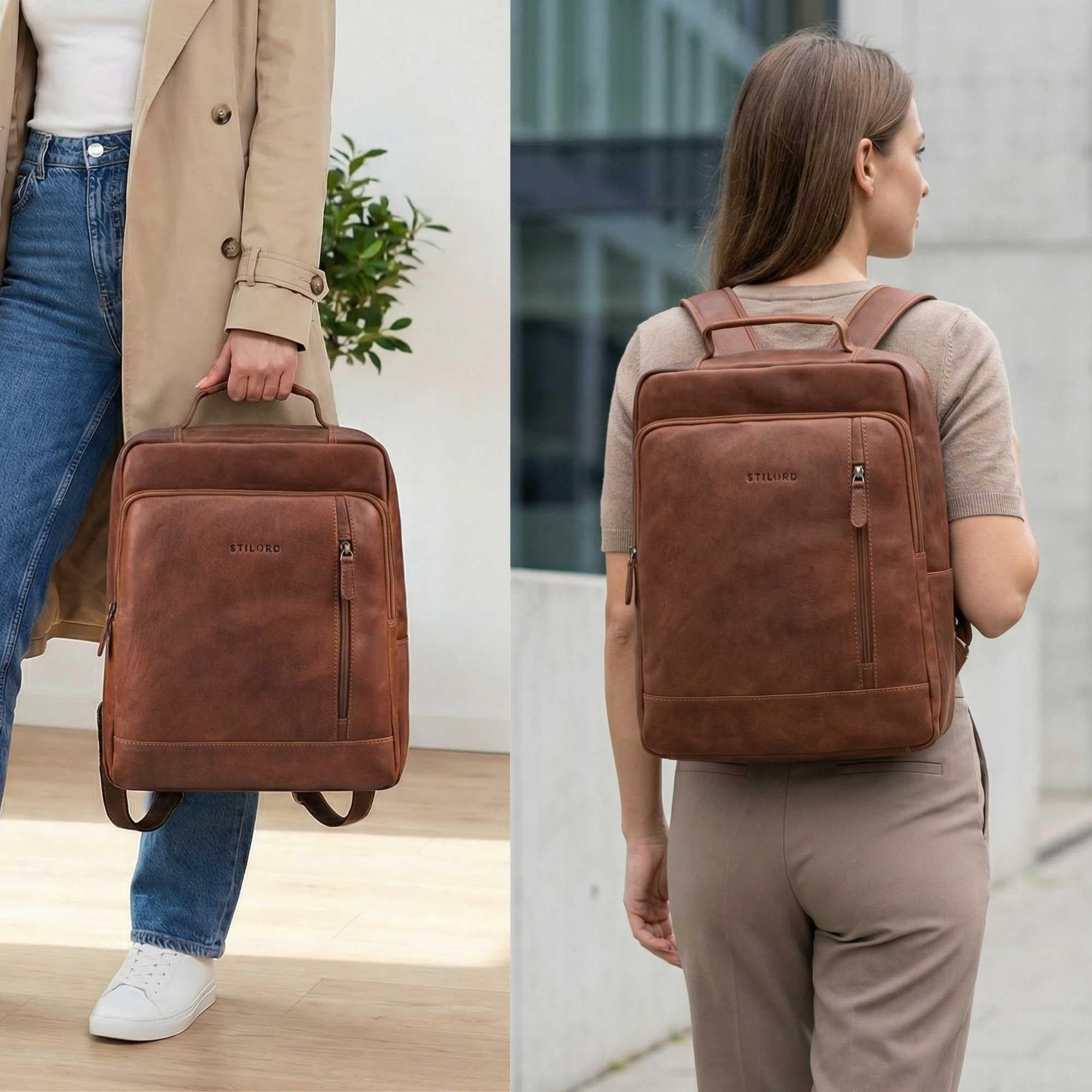 STILORD 'Soline' 15 Zoll Laptop Rucksack Leder - Business Rucksack Arbeitsrucksack Herren Groß - Eleganter Echt Leder-Rucksack Damen für Arbeit Freizeit Reiserucksack, Farbe:cognac - braun