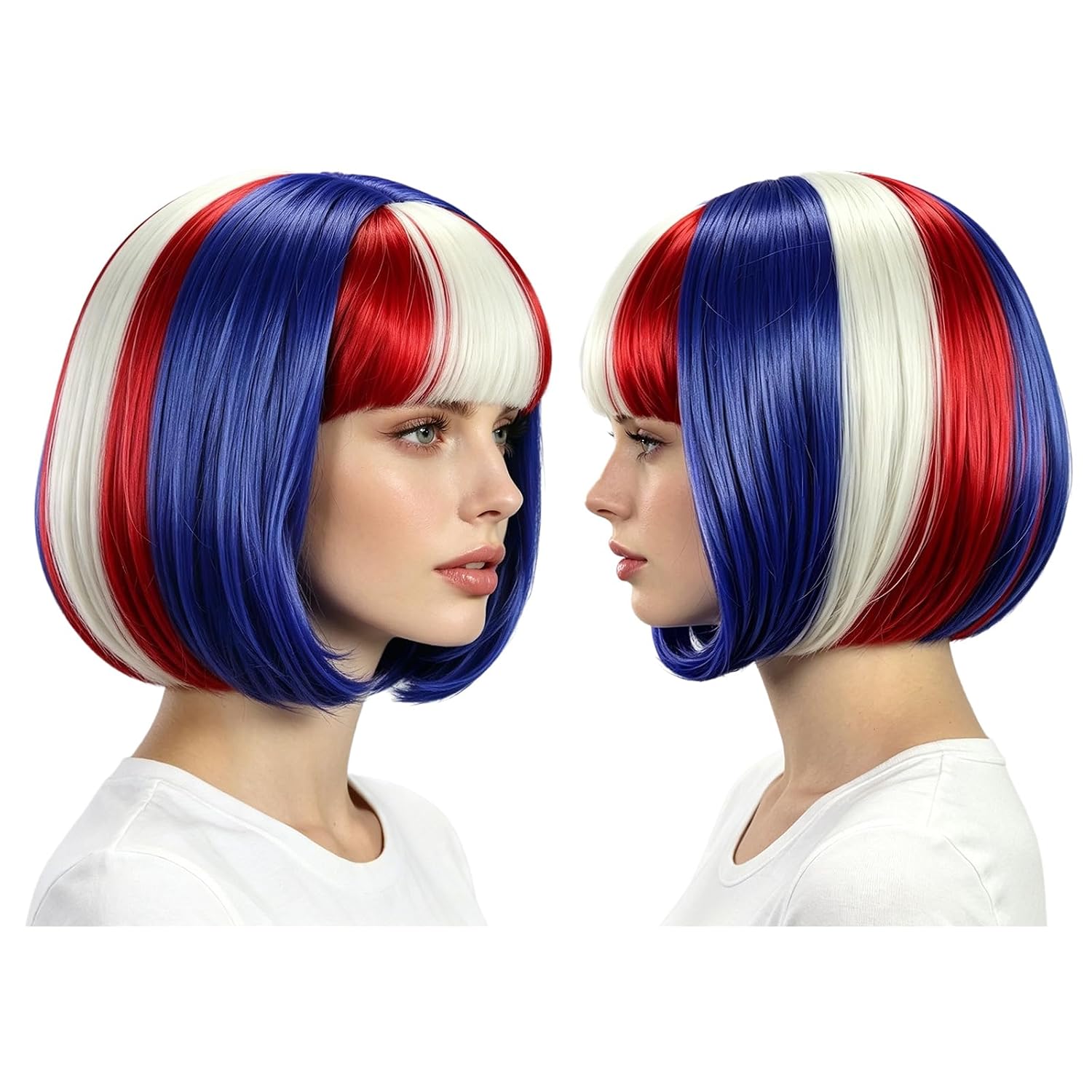 4th of July Halloween Short Bob Curly Girls Hair Wig Independence Day Outfit Accessory for Carnival Red White Blue One Size