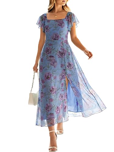 Caracilia Women Square Neck Floral Tulle Wedding Guest Bridemaid Dresses