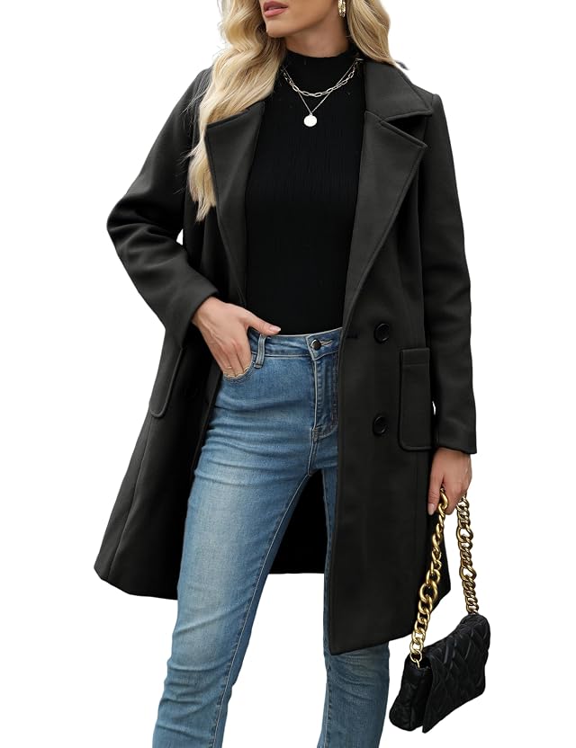 Bankeng Women Winter Wool Blend Camel Mid-Long Coat Notch Double-Breasted Lapel Jacket Outwear