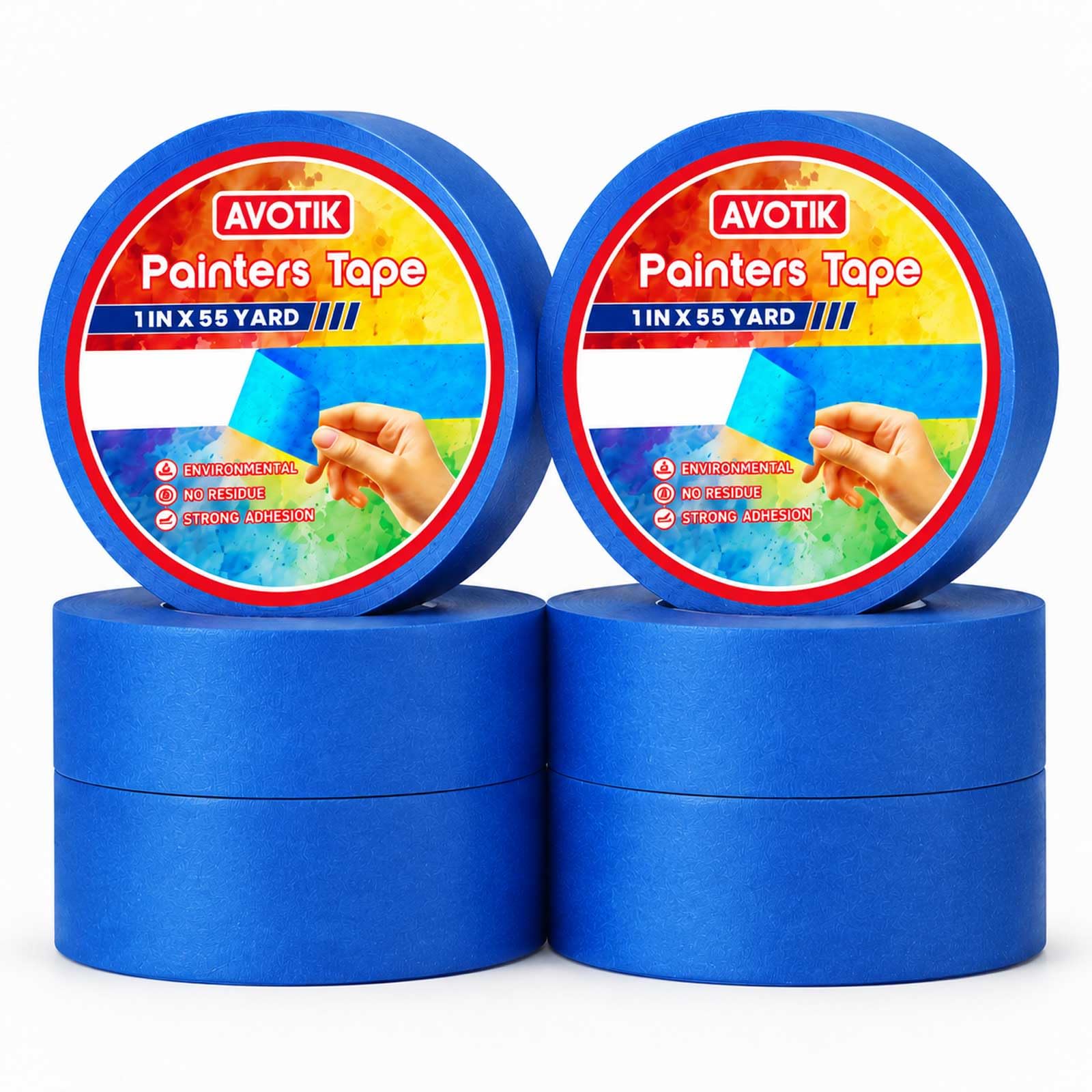 Avotik Blue Painters Tape 6 Rolls 36mm x 50m: Masking Tape for Painting - UV Resistant - Residue-Free Removal up to 14 Days - Professional Decorating Tape for Walls, Trim & Car Painting