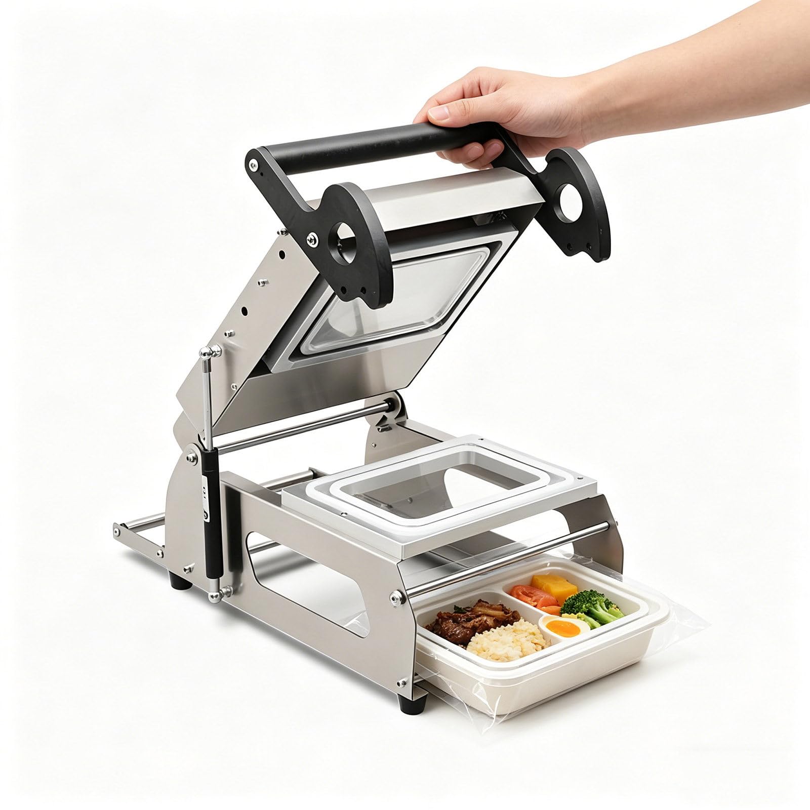 Selladora Térmica Comercial de Bandejas de Acero Inoxidable para Verduras, Máquina Semiautomática para Envasar Comida para Llevar (para Carnes Cocinadas), Selladora Manual de Bandejas