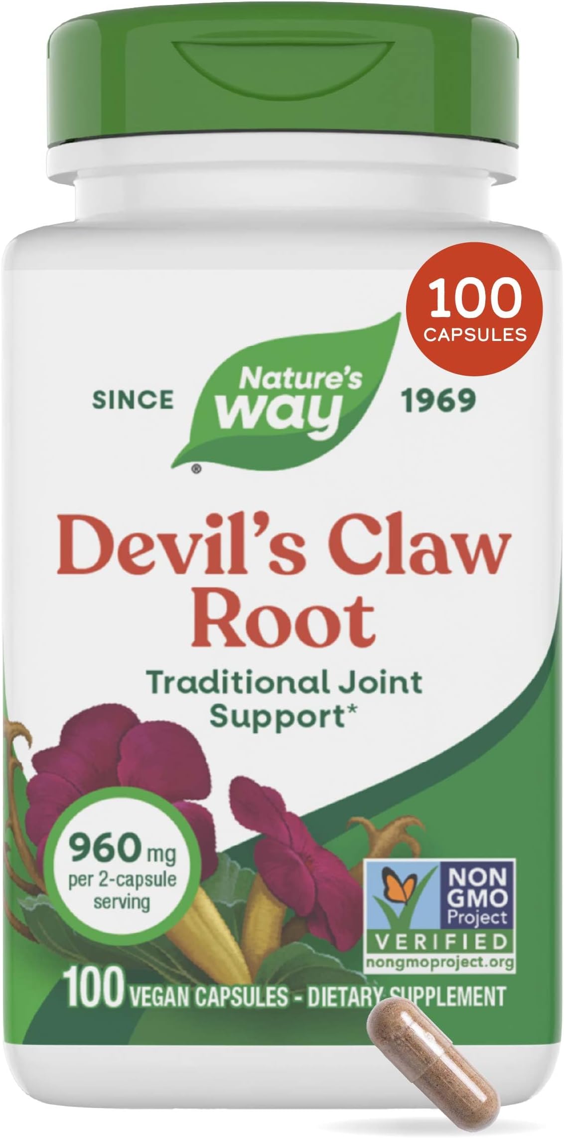Nature’s Way Devil's Claw Root, Traditional Joint Support*, 960 mg per 2-Capsule Serving, Gluten-Free, Non-GMO Project Verified, 100 Vegan Capsules (Packaging May Vary)