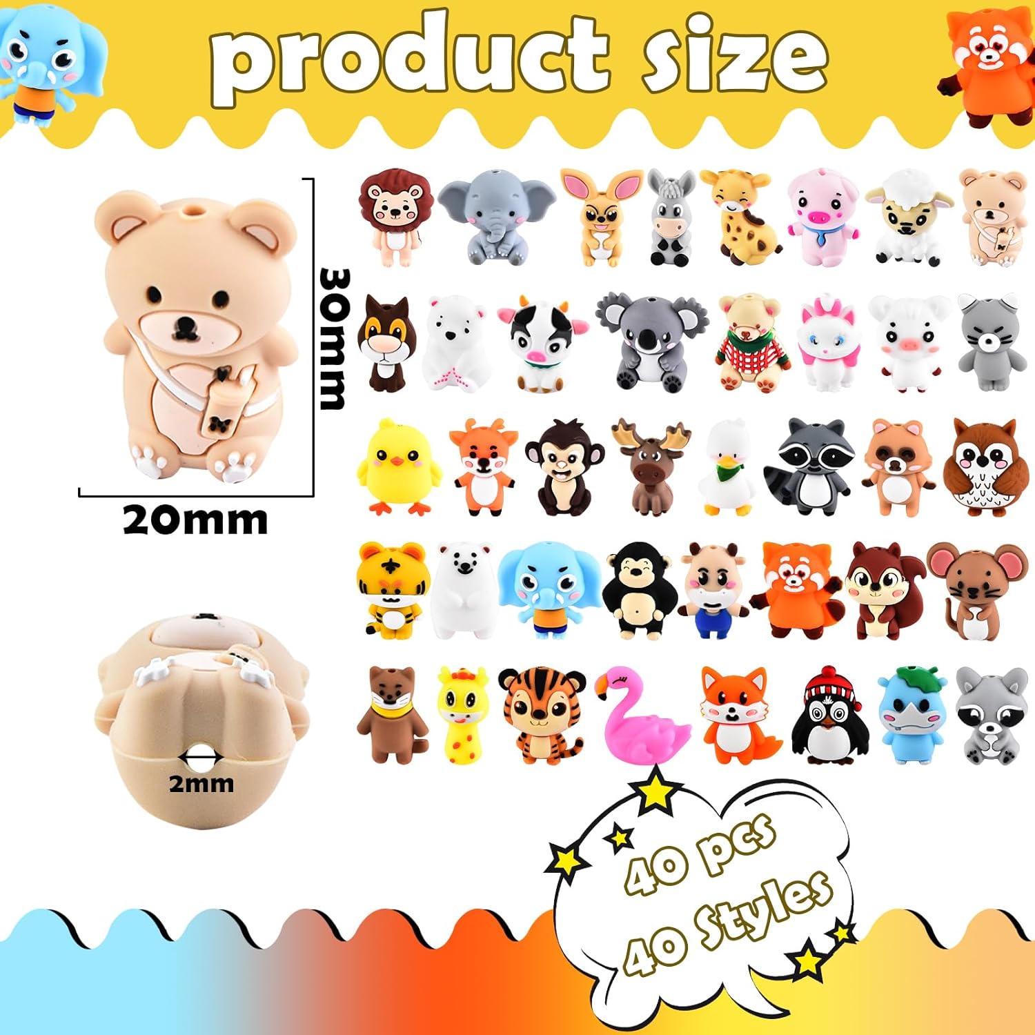 40 PCS 3D Animal Silicone Focal Beads for Pens，Focal Beads Bulk for Keychain Bracelet Necklace Making，Handmade Crafts Supplies