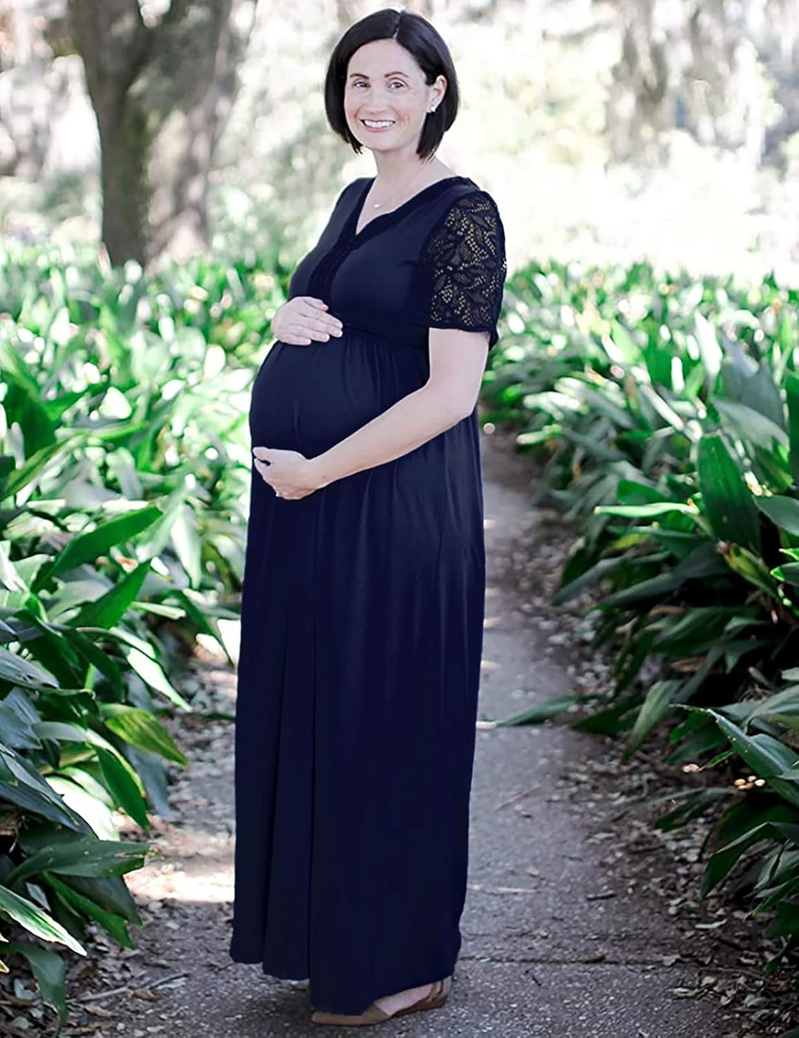 Y Lace Neckline Maternity Dress Lace Short Sleeve Maternity Maxi Dress for Baby Shower Maternity Photoshoot