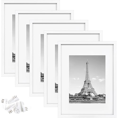 upsimples 12x16 Picture Frame Set of 5, Display Pictures 8.5x11 with Mat or 12x16 Without Mat, Wall Gallery Photo Frames, White