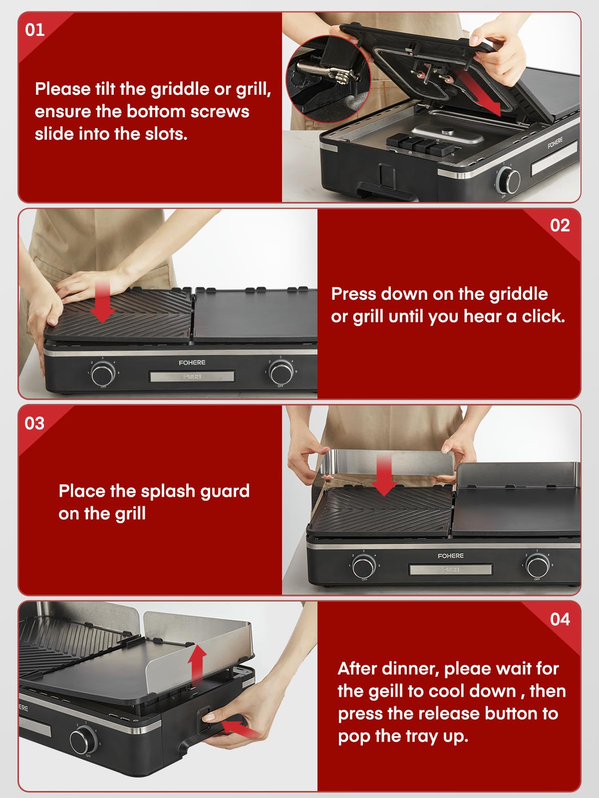 FOHERE Barbecue Électrique de Table 2400W - Plancha de Jardin et Balcon avec 2 Zones de Cuisson Indépendantes - Grande Surface Antiadhésive (Lisse & Nervurée) - Idéal Camping et Extérieur