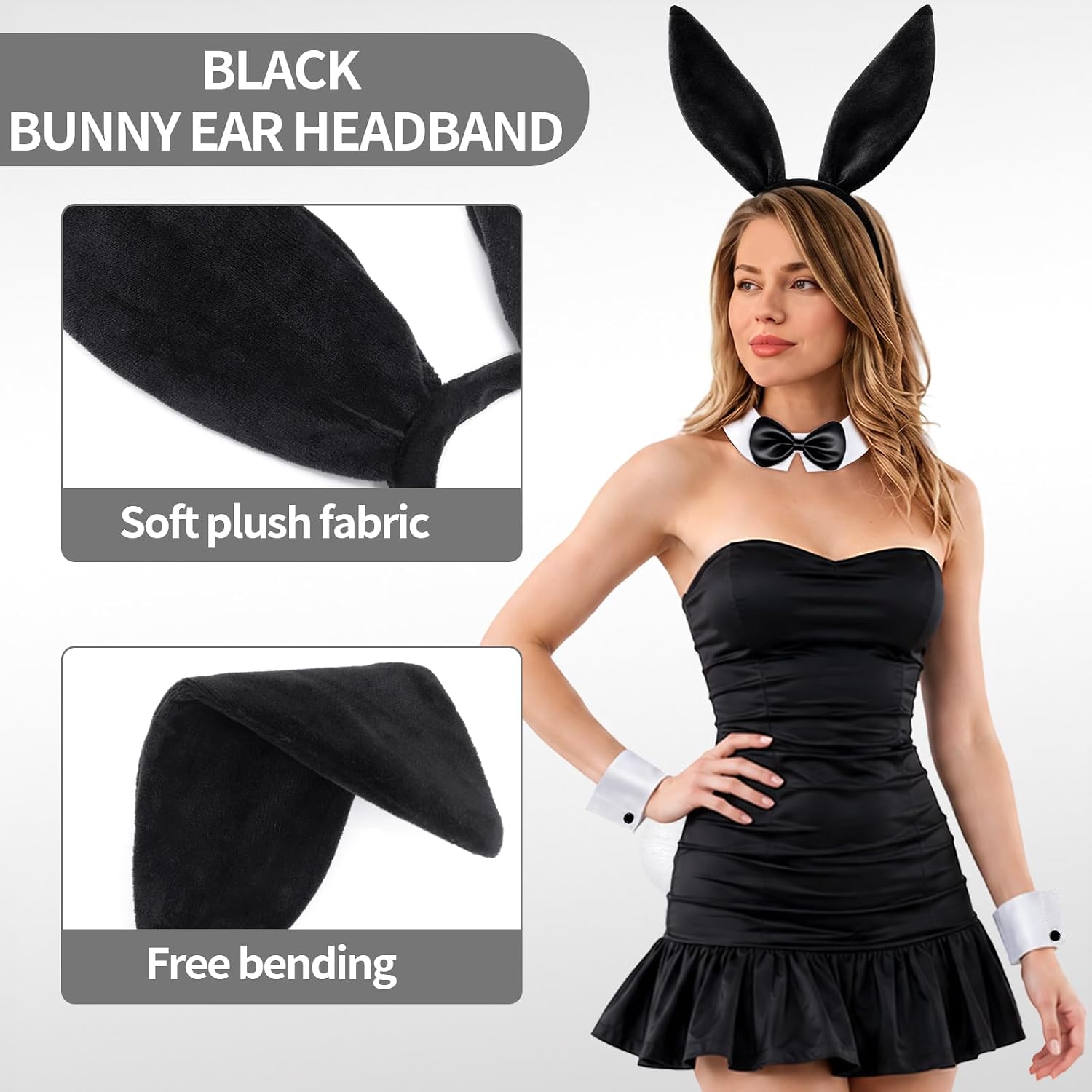 5 PCS Black Bunny Ears and Tail Set,Halloween Bunny Costume Adult