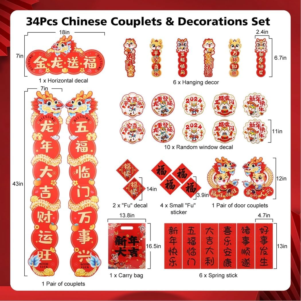 Chinese New Year Decorations, 34 Pcs Spring Festival Couplets and Decals Set, Year of Dragon Door Stickers, Fu Character Ornaments, Window Stickers, Hanging Decals