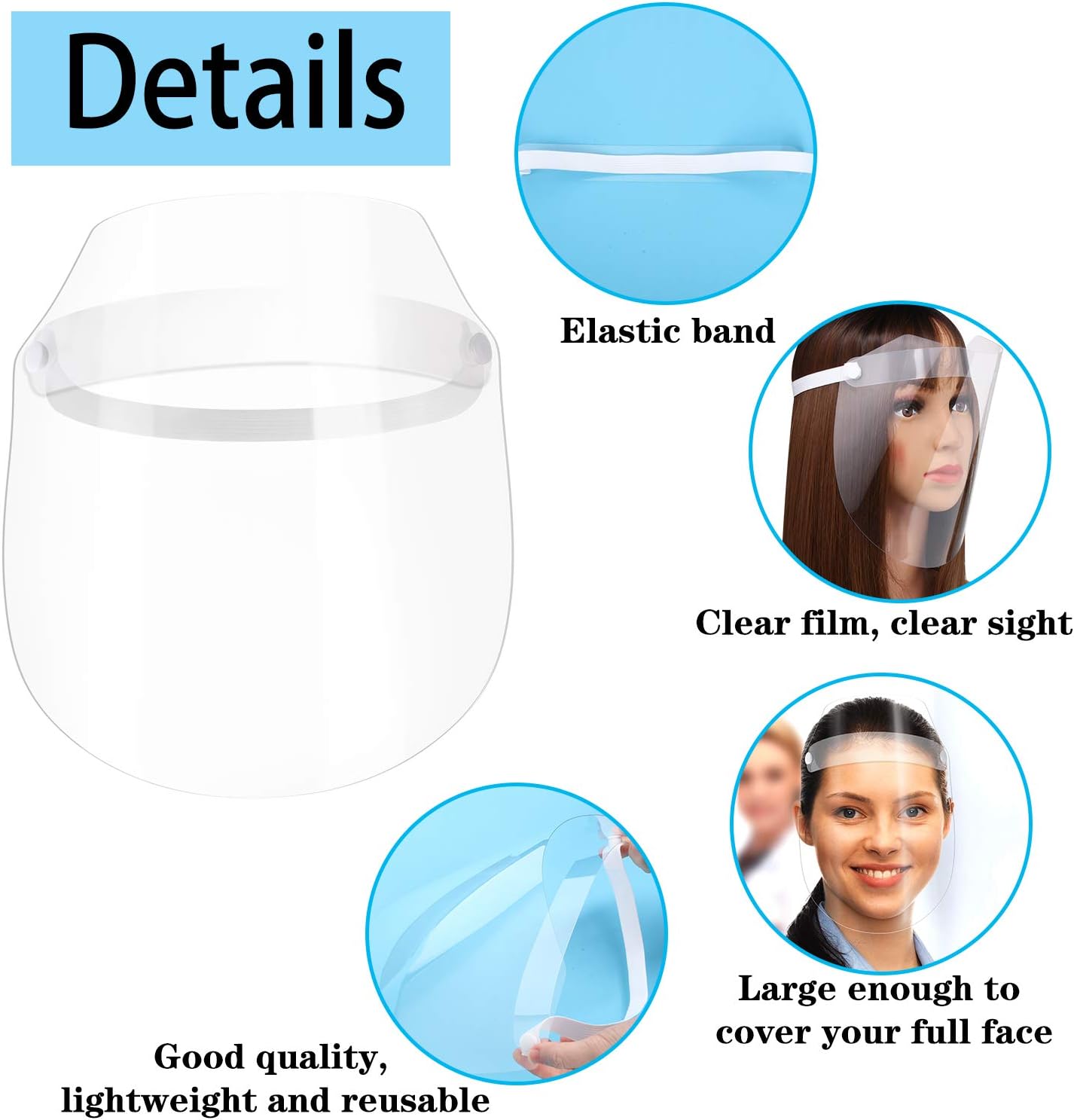 8 Pieces Full Face Safety Shield Transparent Protective Shield Wind Proof Anti Oil Protect Face and Eyes with Protective Film Elastic Band (Tear Protective Film Before Use)