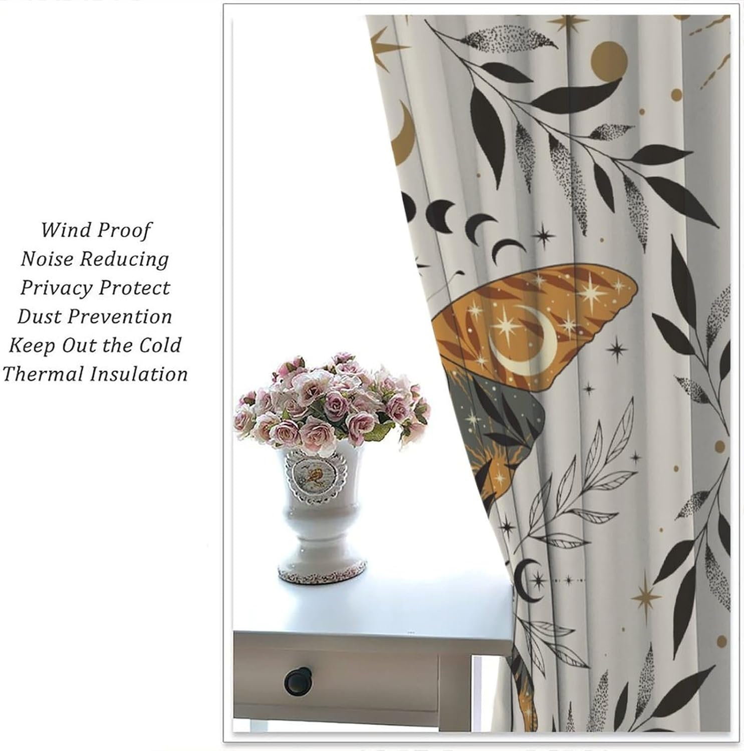 Gothic Moth Blackout Curtains, Mystic Vintage Moon Phase Tarot Leaf Gothic Astrology Window Treatments for Bedroom Living Room Kitchen Home 42" W X 63" L