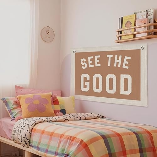 Miniatura 6 de Decoración de pared con texto en inglés See The Good, decoración de pared inspiradora, decoración de pared con acento bohemio, cartel de lino con
