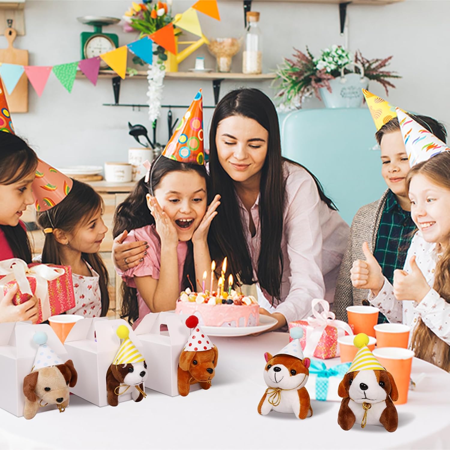 16 Pcs Dog Party Favors Boxes with 16 Pcs Mini Plush Dogs and Birthday Hats,Dog Theme Party Treat Boxes Puppy Goodies Gift Boxes Cute Puppy Stuffed Animal Candy Boxes for Dog Party Supplies Decoration
