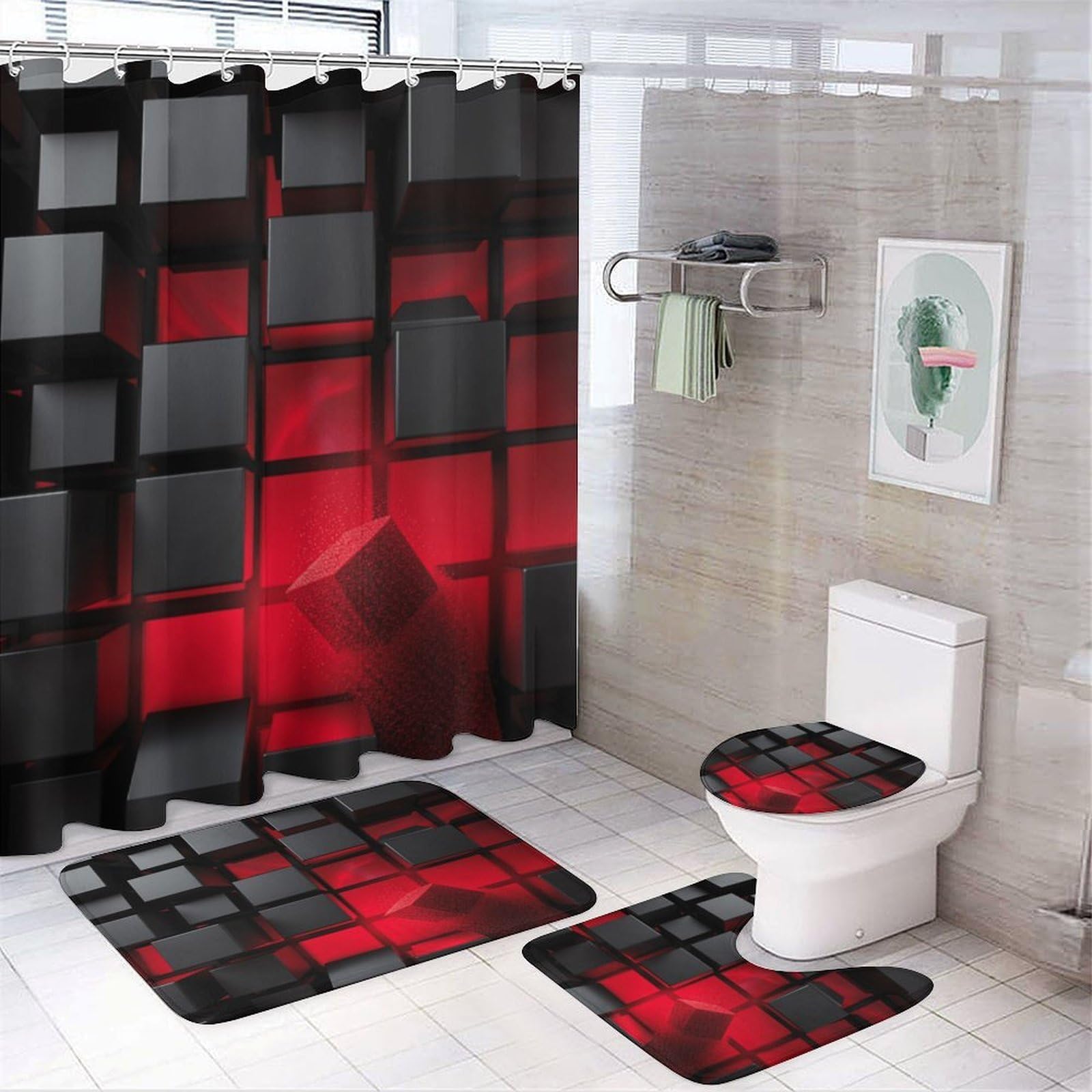 4Pcs Modern Cube Square Geometry Shower Curtain 72W X 72L, Toilet Lid Cover Non-Slip Rugs and U-Shaped Mat, Art Deco Red Design Particle Bathroom Decor Set with 12 Hooks