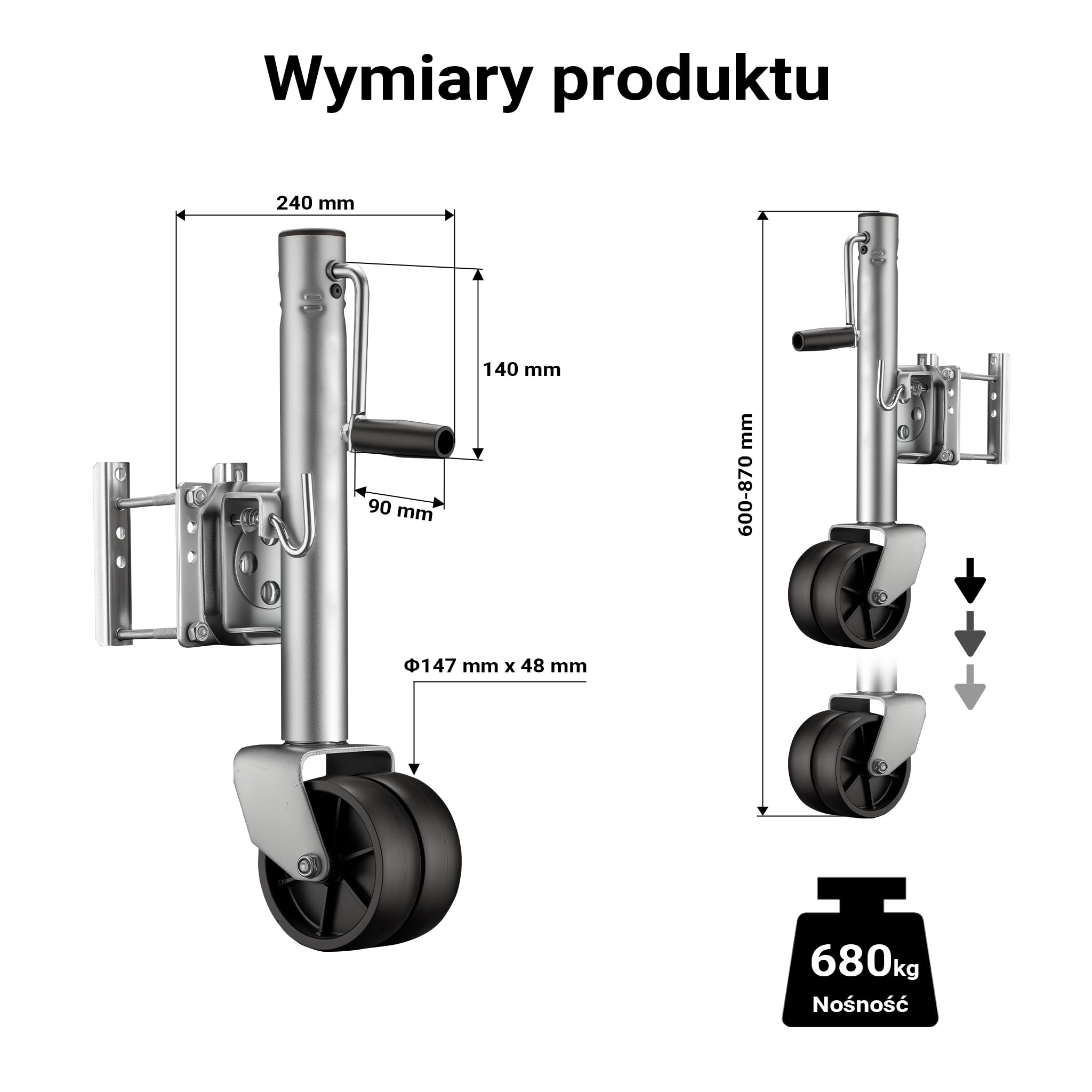 Wiltec Podwójne koło podporowe 2x 6" do 680 kg nośności do ciężkich przyczep kempingowych i transportowych