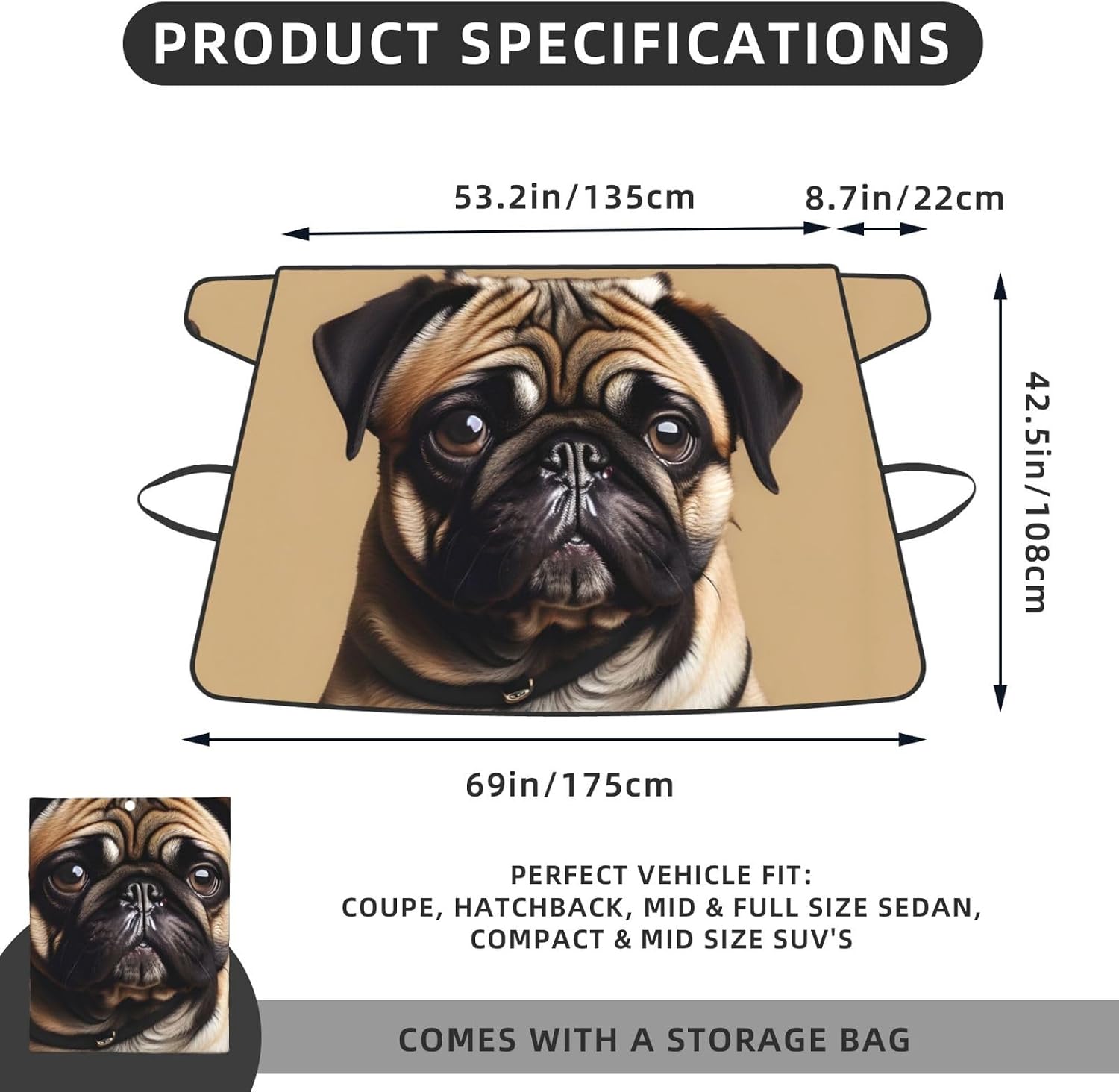 Pug Dogs Print Car Cover for Snow All-Season Windshield Cover with Elastic Strap Fits Most Cars and Trucks