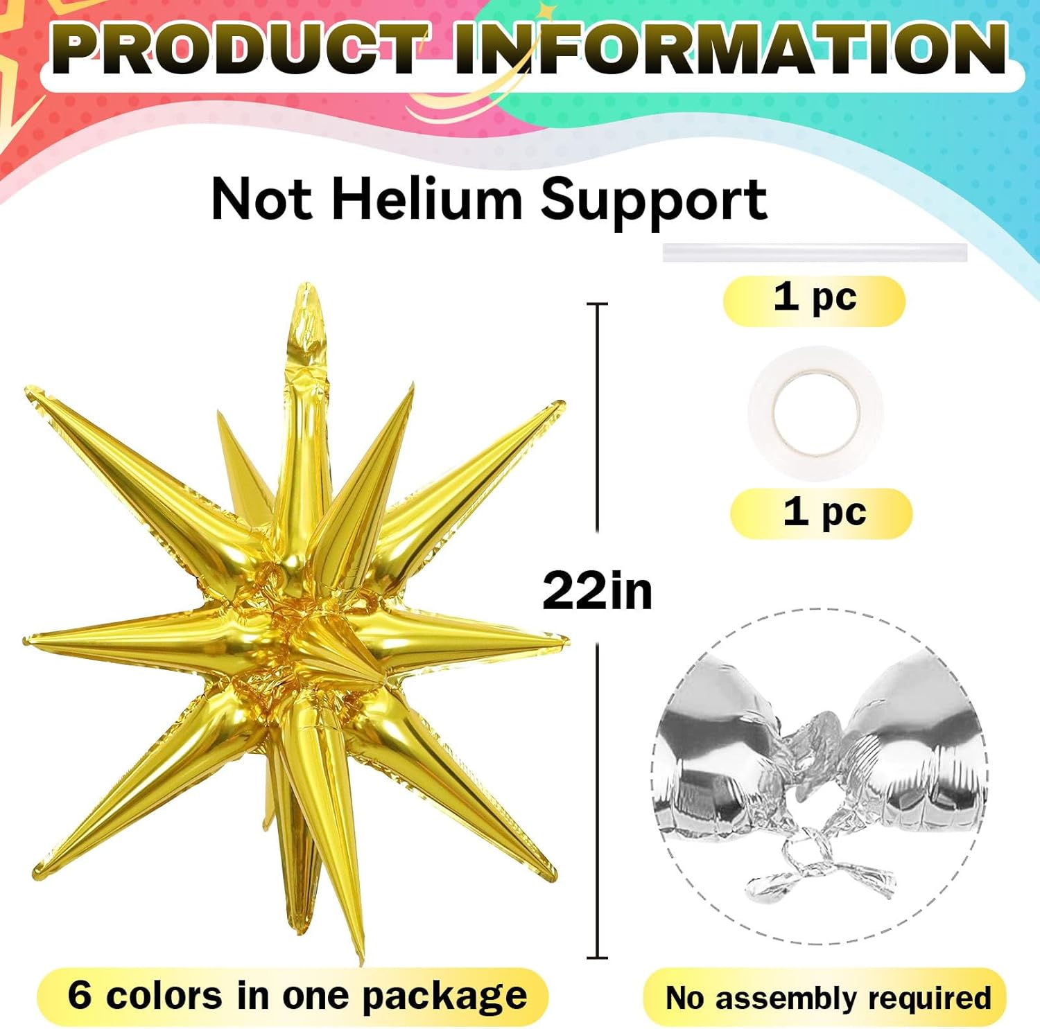 HILAVO 6PCS Star Balloons, 22Inch Large Colorful Star Balloon Foil Balloons Spike Cone Balloon for Birthday Graduation Anniversary Christmas New Year Party Decorations