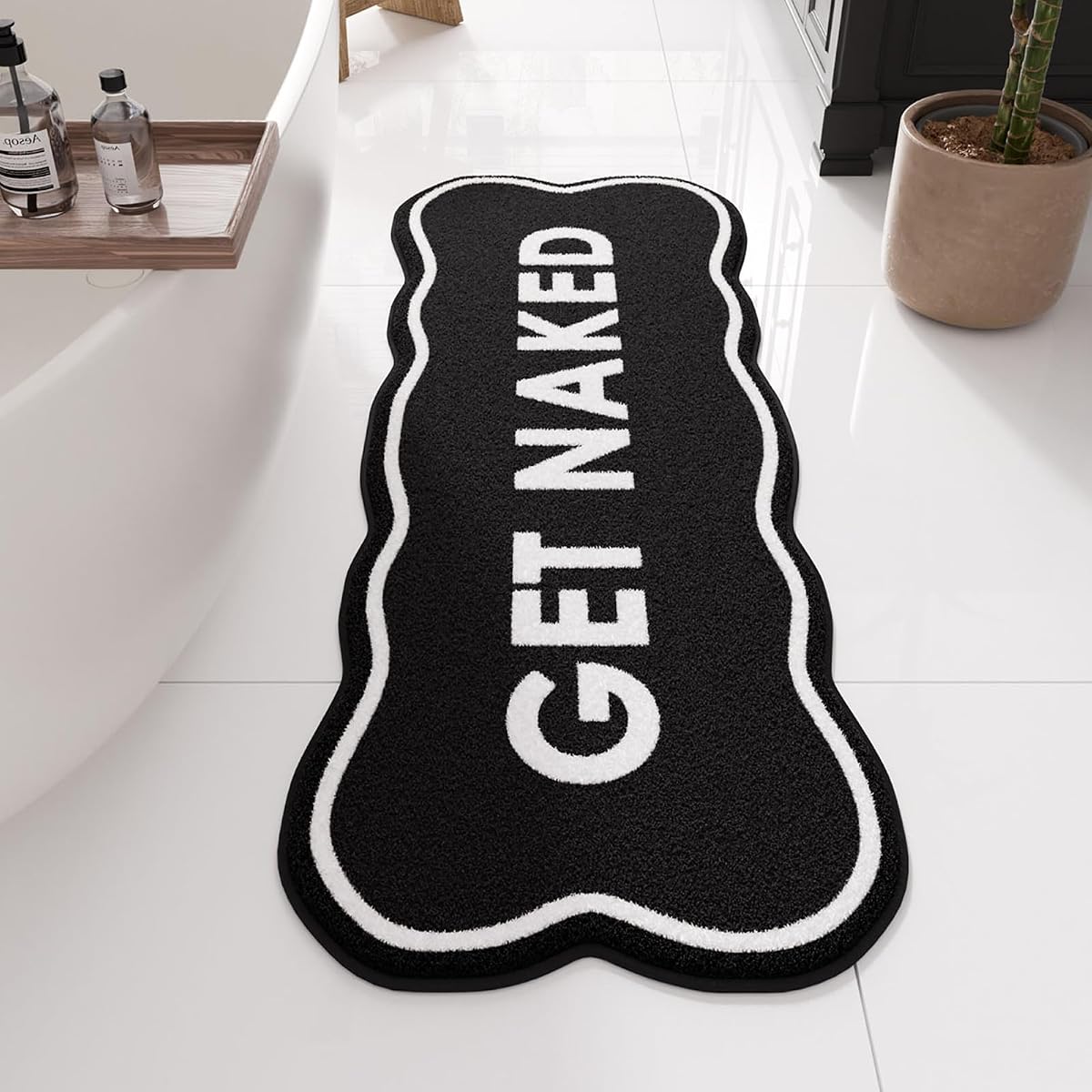 BSSN Get Naked Bath Mat, Cute Black Bathroom Rug Runner, 18" x 47" Large Microfiber Shaggy Bath Mat - Ultra Absorbent, Non-Slip, Machine Washable Fun Aesthetic Decor Rug for Tub, Shower, Vanity