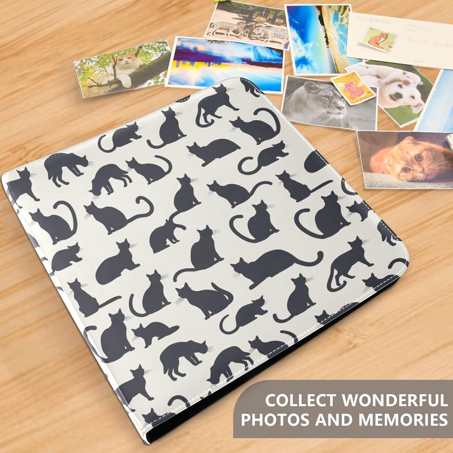 JIPONI Cute Cat Silhouettes Large Photo Album, DIY Leather Cover Scrapbook Albums for 4x6 5x7 6x8 Pictures, Self Adhesive Memory Book for Wedding, Baby, Family