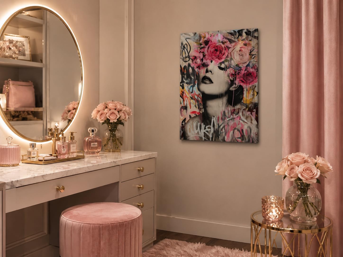 Pink Rose Graffiti Framed Canvas Wall Art for Urban Home Decor 16x24 Inches image 2