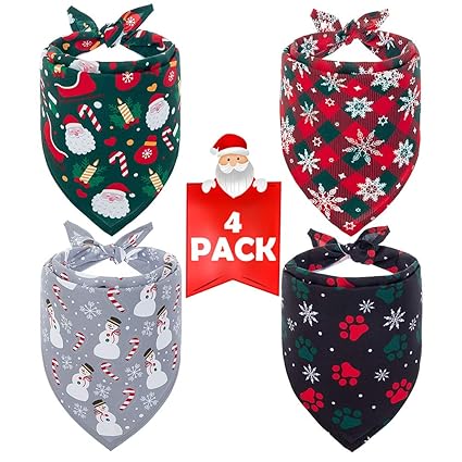 SCENEREAL Christmas Dog Bandana 4 Pack - Soft and Breathable Pet Triangle Scarf Bibs, Full of Chirstmas Element Patterns, for Dogs and Cats