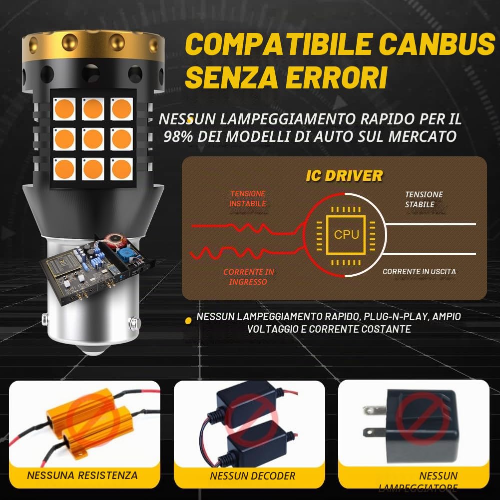 BAU15S PY21W LED Lampadine per Indicatori di Direzione Ambra 3700LM 3030 45 SMD Canbus Errore Anti - Hyper Flash Gratuito per Indicatori di Direzione a LED Anteriori o Posteriori (Pack-2)