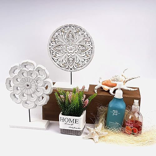 Miniatura 5 de AXEARTE Paquete de 2 esculturas de medallón de flores talladas de madera, estatuas rústicas de MDF blancas envejecidas, decoración de mesa para el
