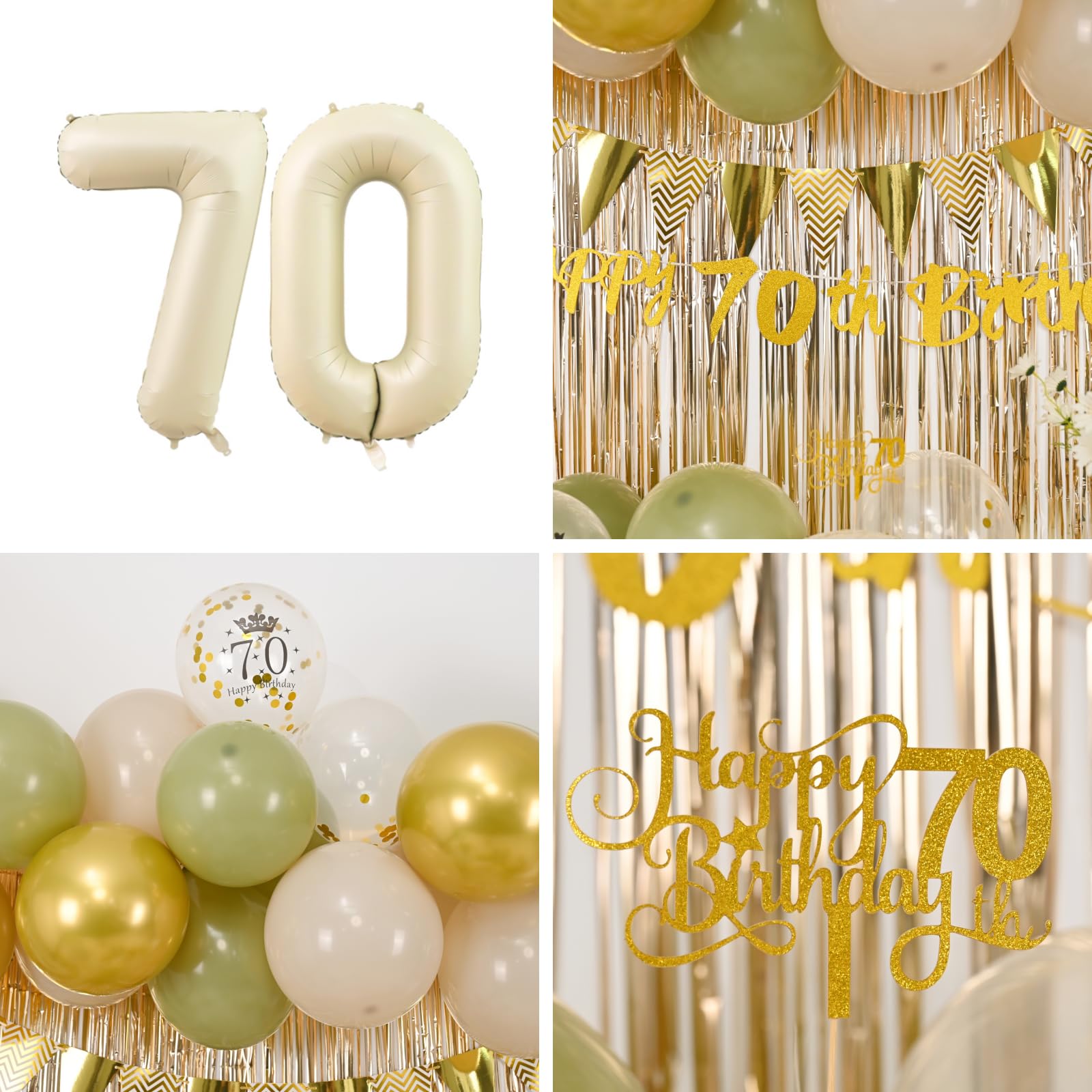 Dekoracje na 70. urodziny dla kobiet mężczyzn, szałwia, zielony, złoty, dekoracje na 70. urodziny, balony urodzinowe, baner urodzinowy, ozdoba na tort, zasłona z frędzlami dla 70 lat, dekoracja na