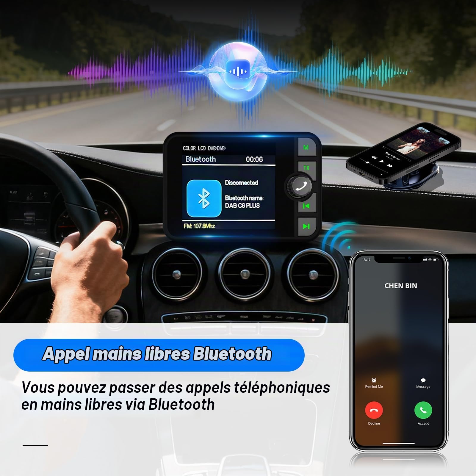 Adaptateur Dab/Dab+ pour Voiture - Affichage LCD 2,4 Pouces avec Émetteur FM et Bluetooth - Entrée AUX et Lecteur MP3 par Carte TF - Fonction Balayage Automatique et Service Following