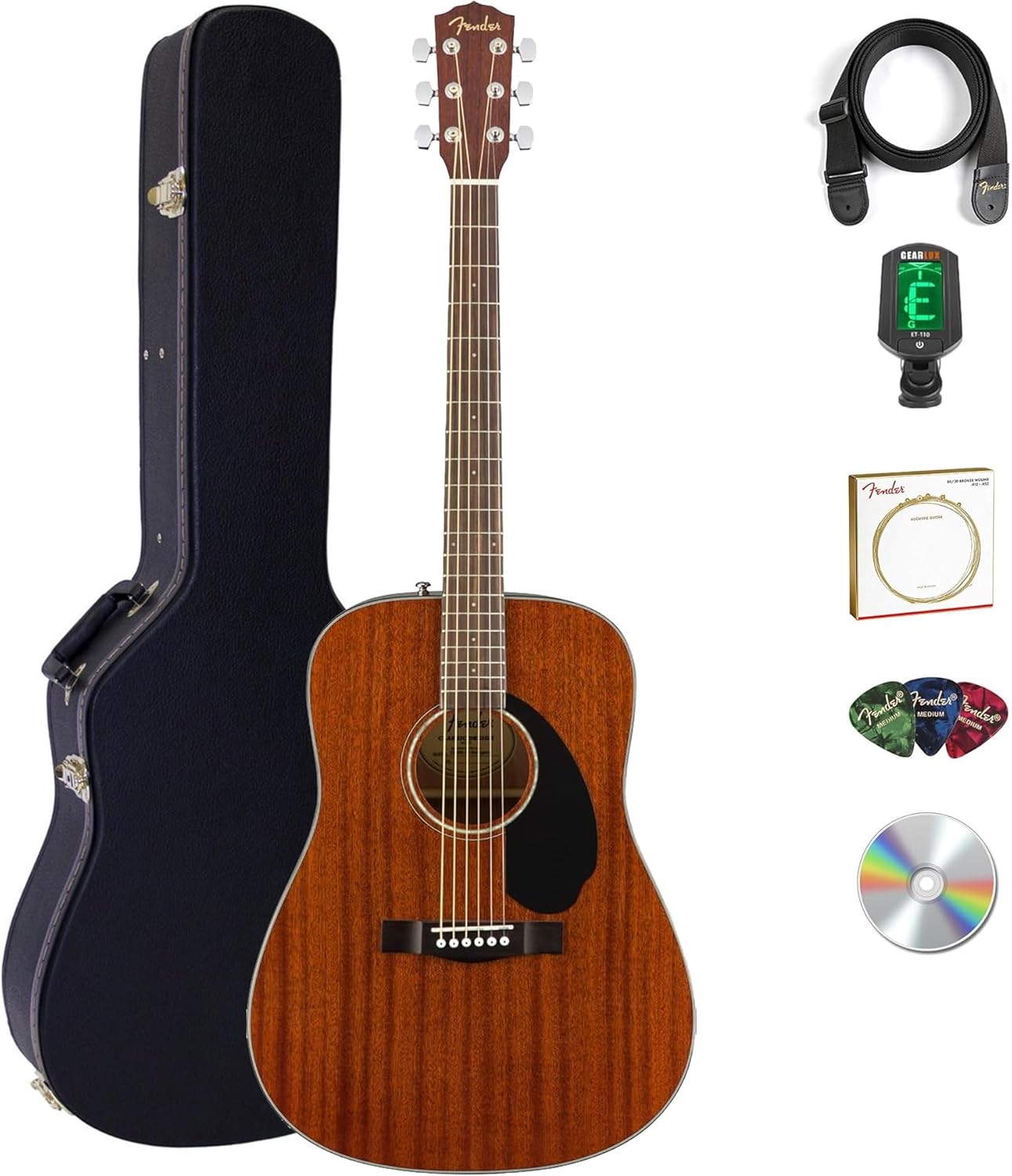 Fender CD-60S Solid Top Dreadnought Acoustic Guitar - All Mahogany Bundle with Hard Case, Tuner, Strap, Strings, Picks, and Austin Bazaar Instructional DVD