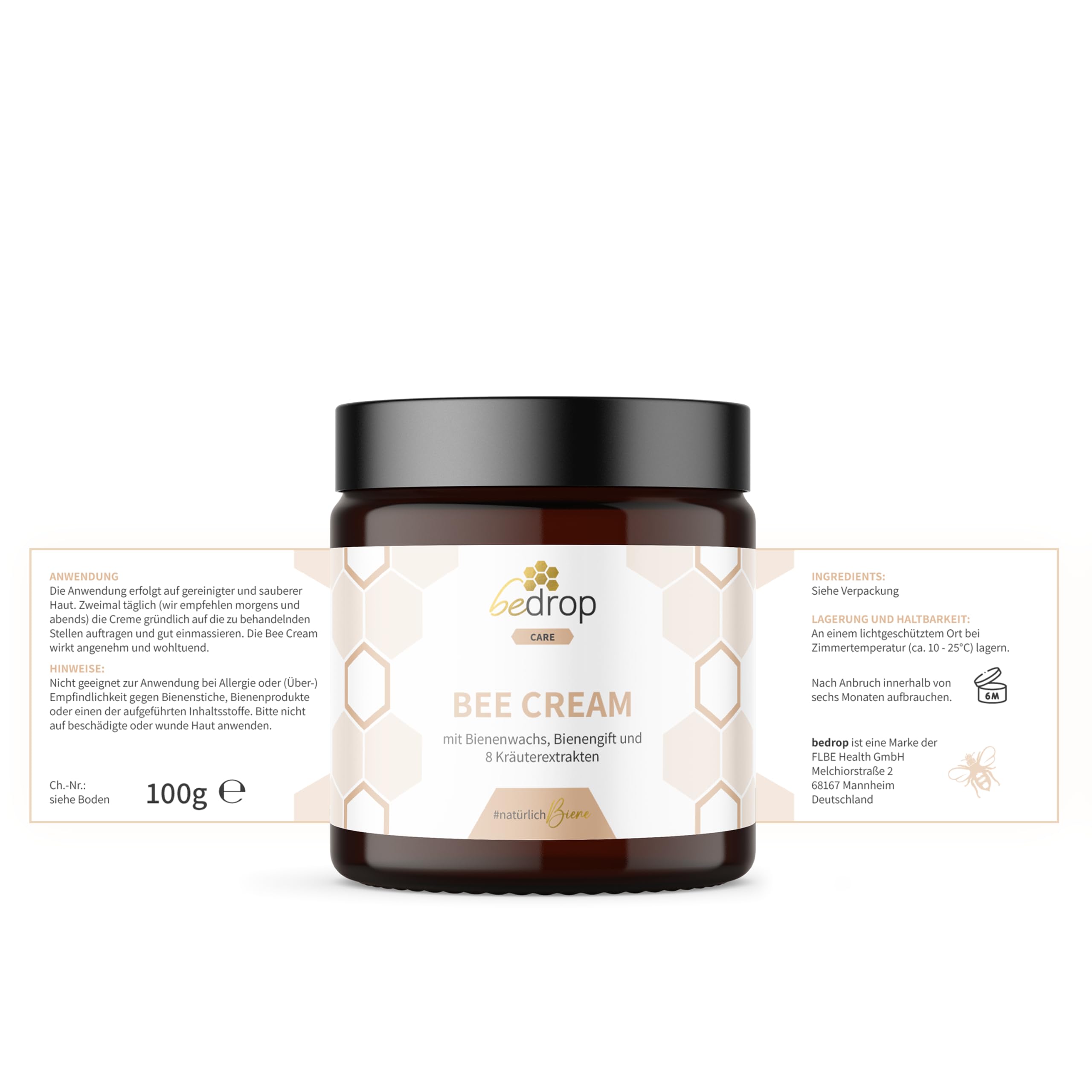 bedrop Bienengiftsalbe hochdosiert (kühlend & wärmend) - Bee Cream Bienengiftcreme für den Körper mit Bienenwachs und 8 Kräuterextrakten, wie Aloe Vera, Ringelblume, Eukalyptus und Rosskastanie 100g