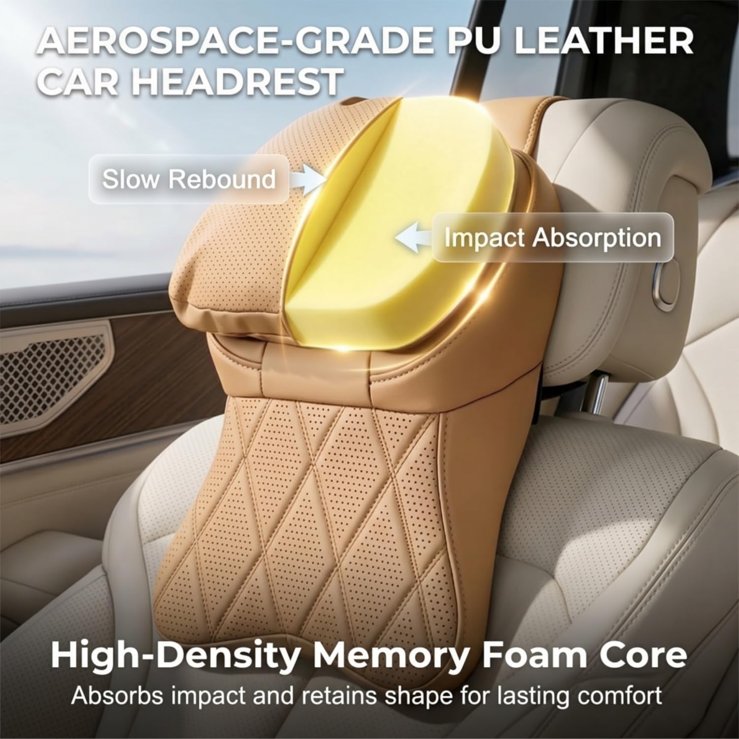 Auto Nackenkissen, Komfortabel und Atmungsaktiv Auto Kissen Memory Foam, Kopfstütze Auto Kissen, PU-Leder Kopfstütze Ergonomische für Autositz für Autofahren, Reisen (Black)