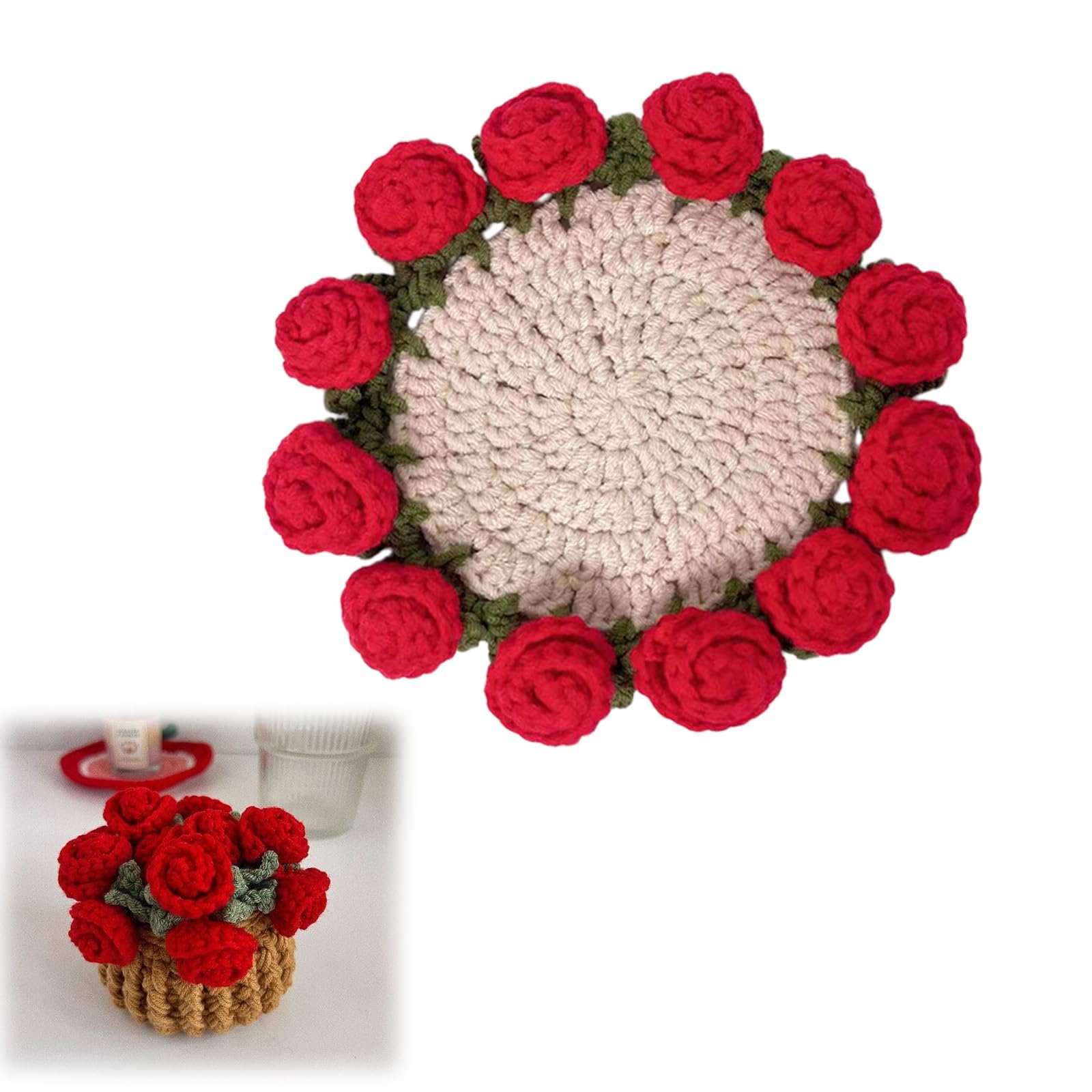 Tsophreniq Hand Knitted Miniature Blanket Rose Bouquets Coasters Set with 3D Flower for Cup Mugs Table Decors Blossomy Cup Mats Miniature Blanket Rose Arrangement