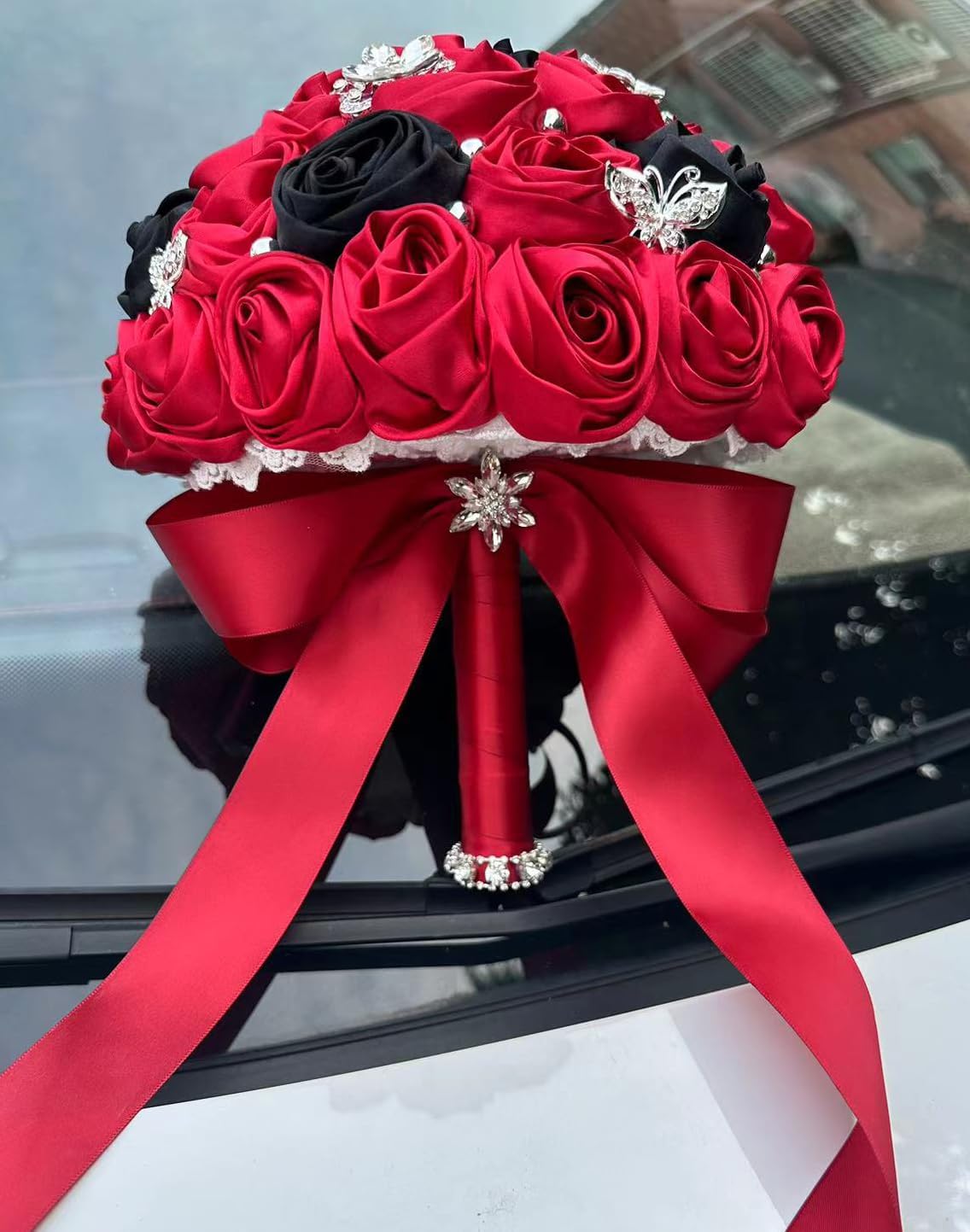 Sharebeauty 7.1" Handmade Satin Rose Bridal Bouquet Toss Round Wedding Bouquet Throw Toss Artificial Flower Bunch Ruby Red + Black