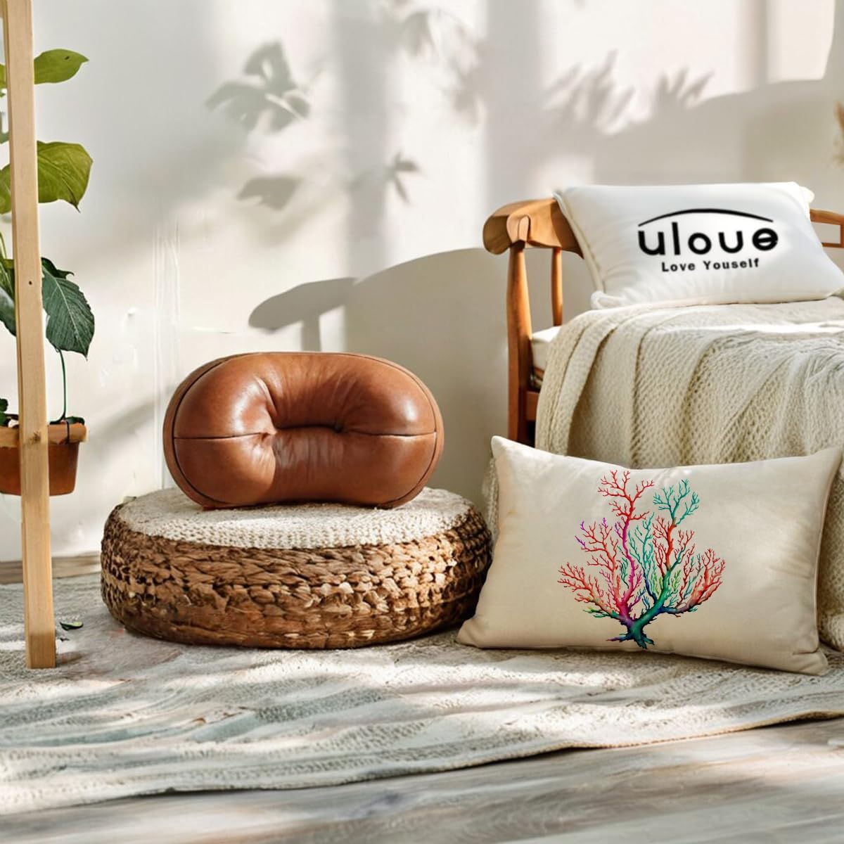 ULOVE LOVE YOURSELF Watercolor Coral Throw Pillow Cover Sea Tree Foliage Plant Nautical Ocean Beach House Decorative Lumbar Pillowcases 12x20 Inch for Sofa Couch Bed - Image 3