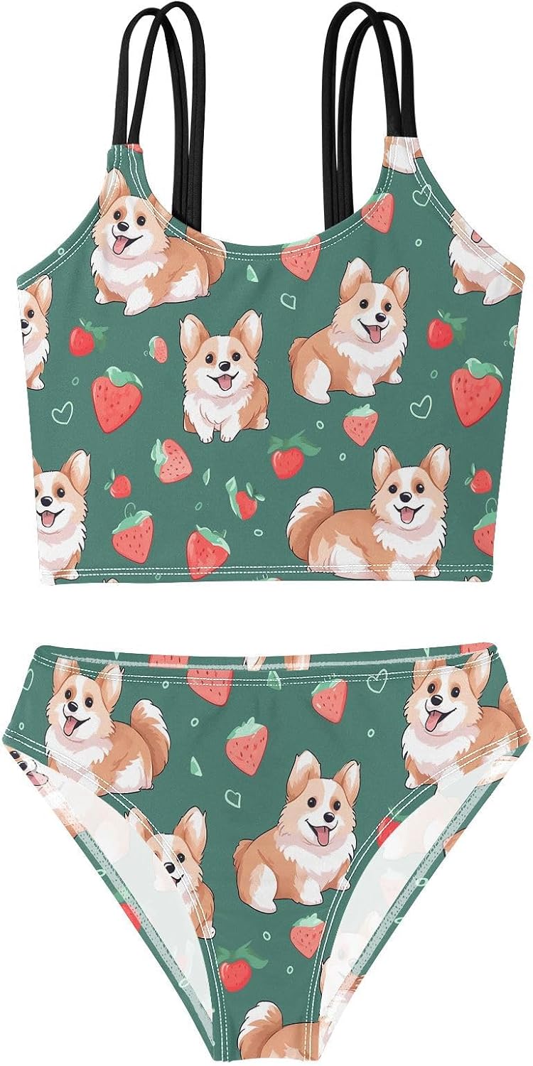 visesunny Girls Two Piece Swimsuits Cute Corgi Strawberry Girl's Bikini Sets Bathing Suits for Girls Size 5-12Y