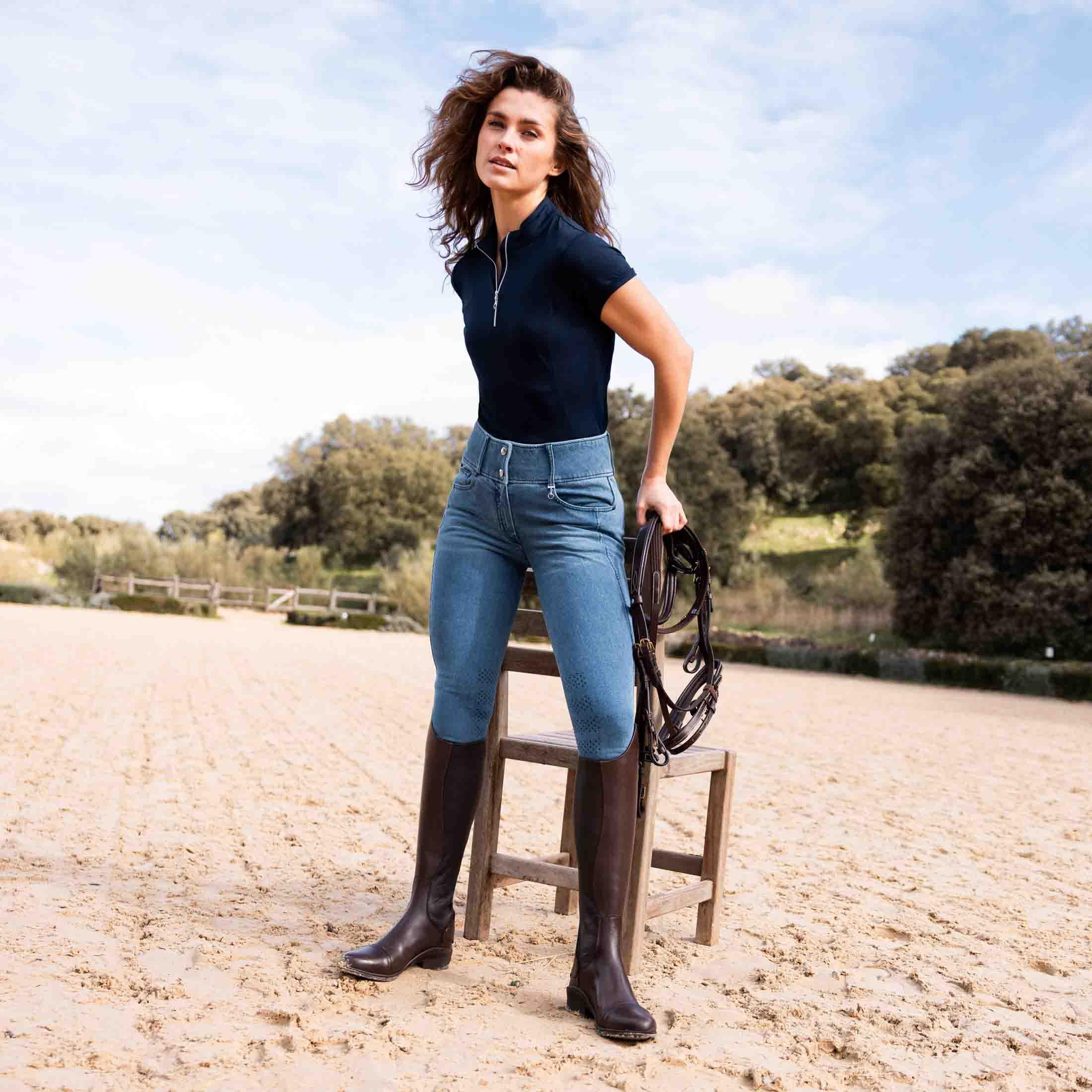 HORZE Carolyn Damen Denim Vollbesatzreithose – 4-Wege-Stretch, Handytasche, Hybrid-Grip & Gürtelschlaufen, Blau, 38