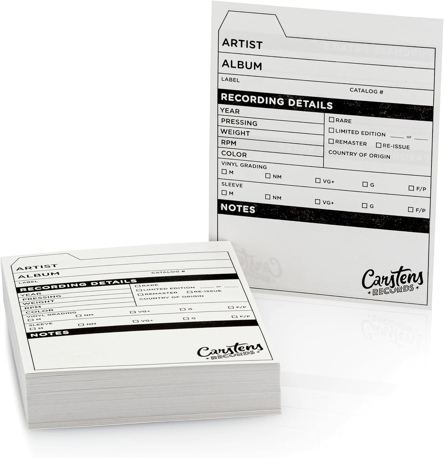 Carstens Records Vinyl Record Catalog Cards – 4 x 5.25 Inches, White, Pack of 100 – Printed Collector Cards, Double-Sided – Vinyl Record Accessories for Collectors