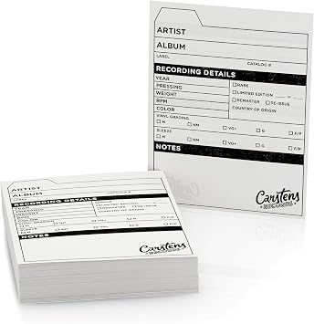 Carstens Records Vinyl Record Catalog Cards 4 x 5.25 Inches, White, Pack of 100 Printed Collector Cards, Double-Sided Vinyl Record Accessories for Collectors