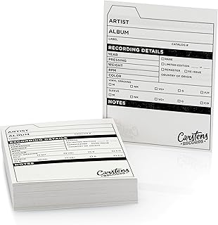 Carstens Records Vinyl Record Catalog Cards – 4 x 5.25 Inches, White, Pack of 100 – Printed Collector Cards, Double-Sided – Vinyl Record Accessories for Collectors