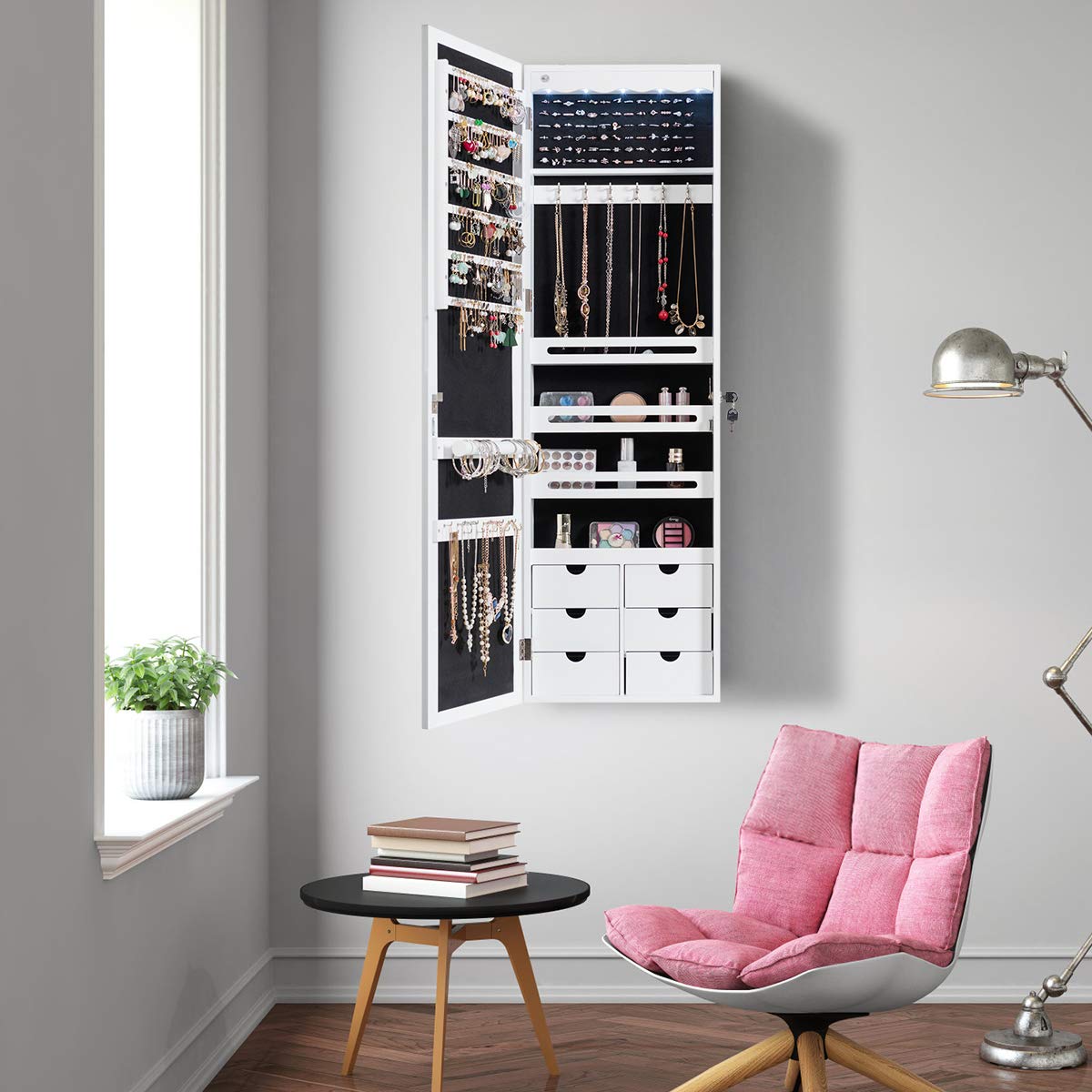 COSTWAY Armoire à bijoux avec éclairage LED, 6 tiroirs et miroir, armoire suspendue pour porte et montage mural, verrouillable (blanc)