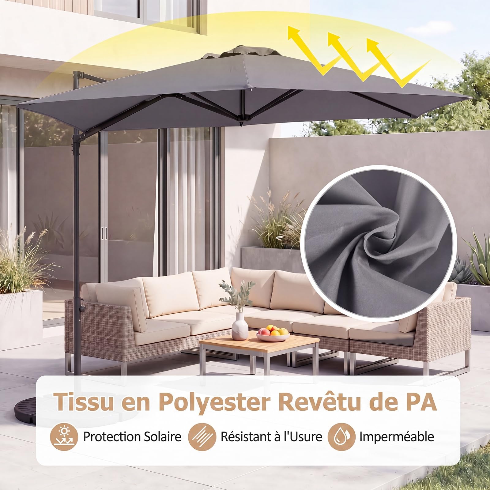 COSTWAY Parasol Déporté Hexagonale à Pied, Hauteur 240 CM (Gris)