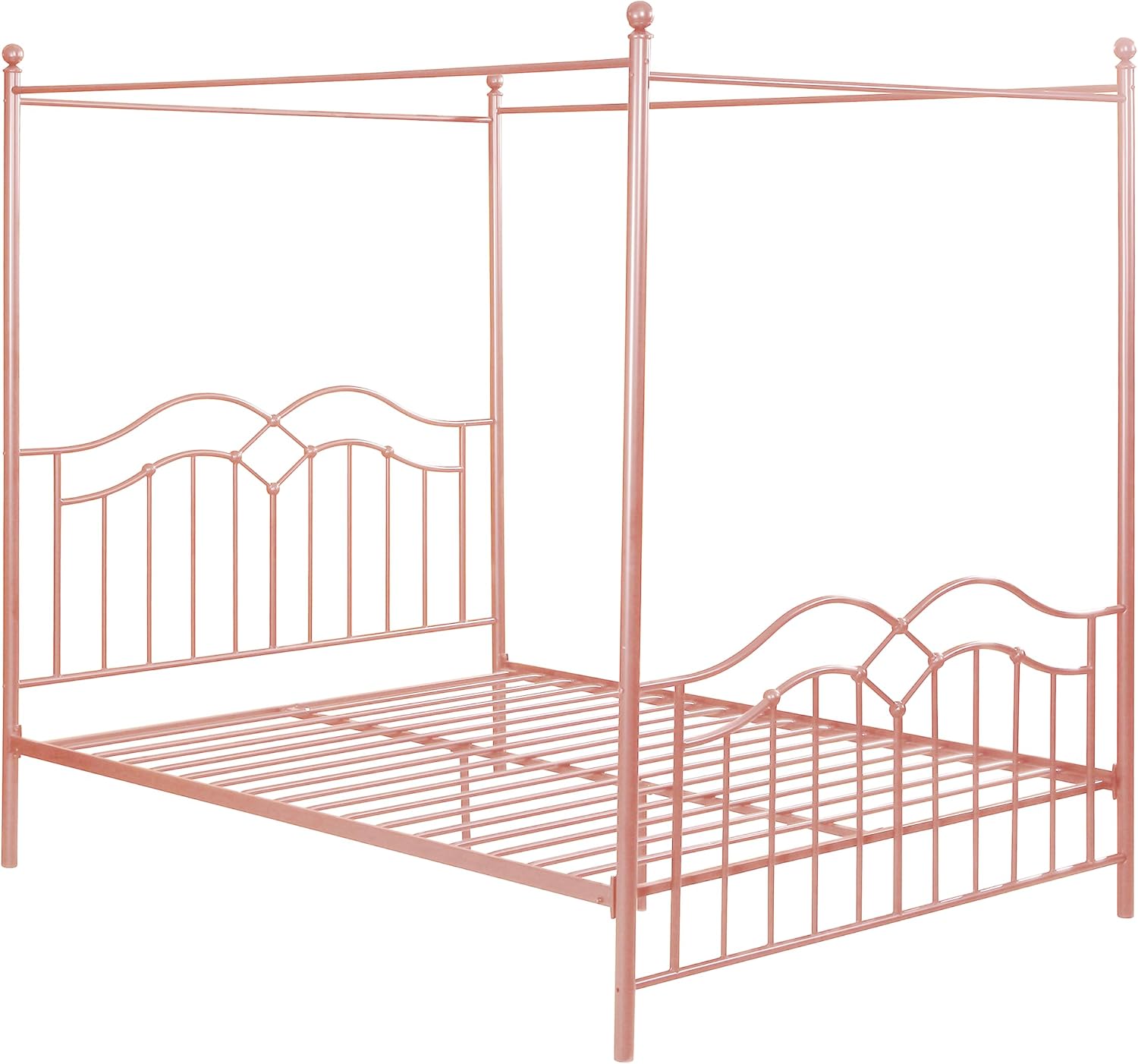 Christopher Knight Home Eileen Metal Canopy Bed Frame Queen Size with Headboard/Footboard, 4 Poster Platform Queen Bed Frame with Classic Knob Posts, Iron Slat Support, No Box Spring Needed, Pink