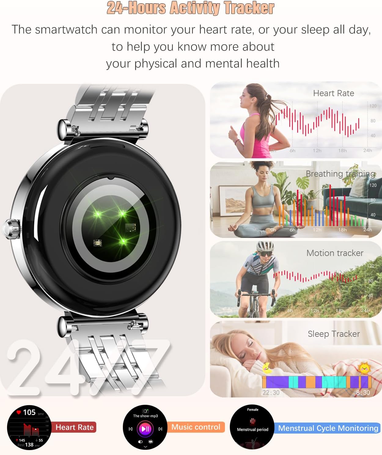 Watch for Women, 1.25" AMOLED HD Screen Women's Smartwatch, Fitness Tracker with Heart Rate/Sleep Monitor, Bluetooth Call, IP67 Waterproof, Compatible with iOS & Android (Silver)